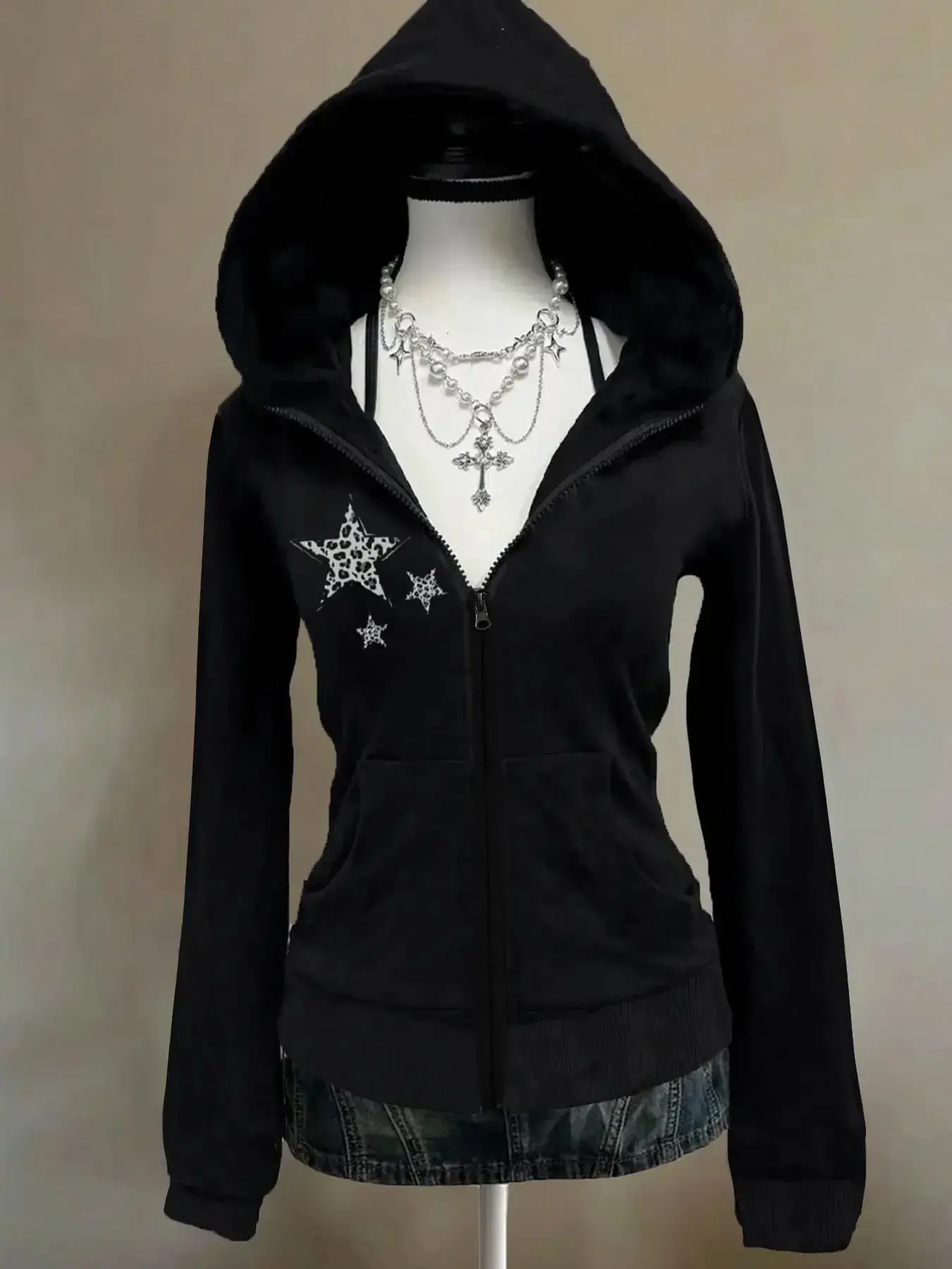 American Retro Leopard Print Star Hooded Jacket, Subculture Slimming Long Sleeve Cardigan, Fall & Winter Fitted Street Style Outerwear