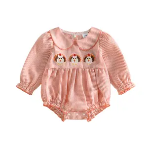 Infant Baby Girl Thanksgiving Bubble Romper Striped Turkey Embroidered Long Sleeve Doll Collar Ruffle Bodysuit Cute Fall Clothes 0-18 Months