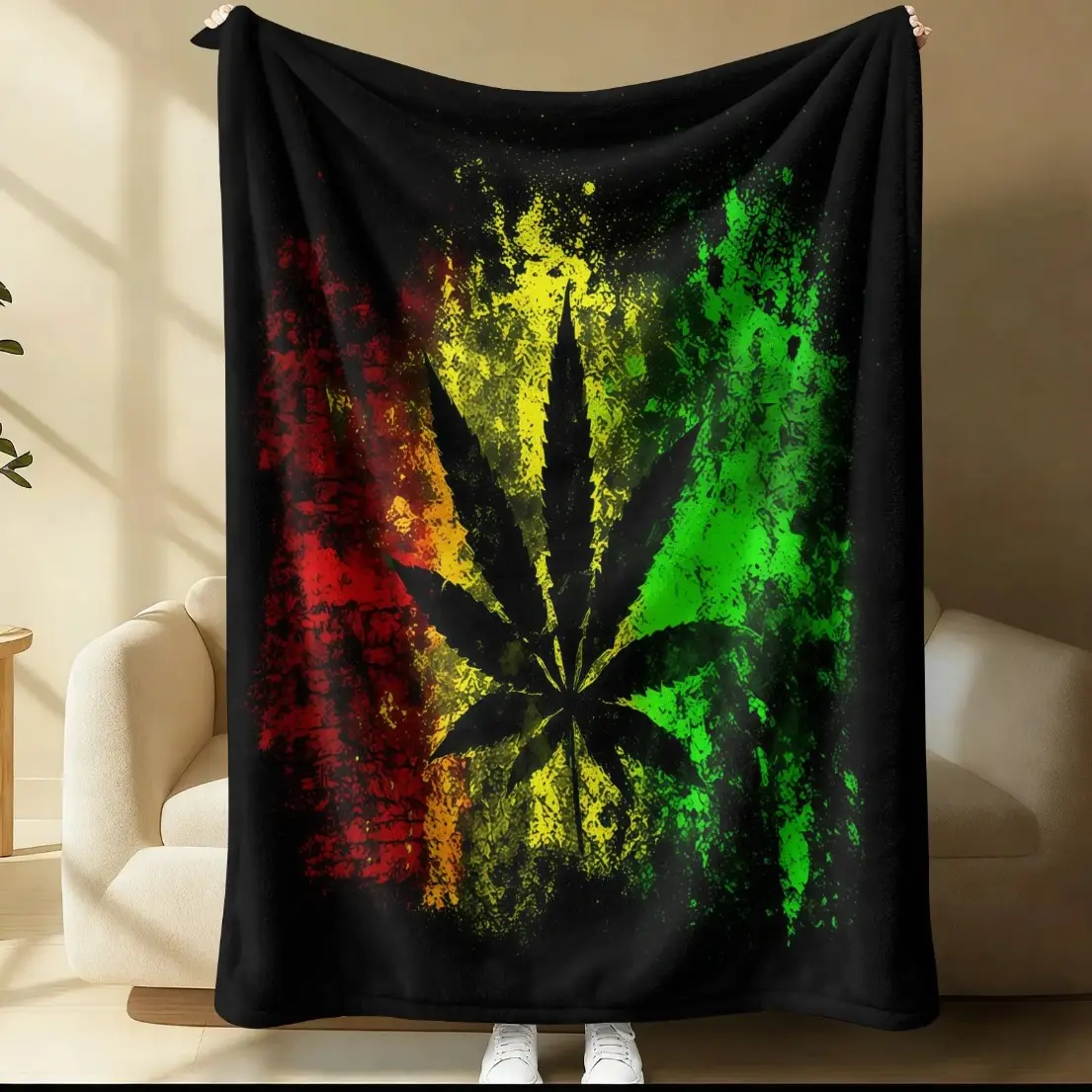 Rasta Style Cannabis Leaf Throw Blanket - Soft, Cozy Reggae Themed Blanket for Couch, Travel, Decor for Teens & Adults
