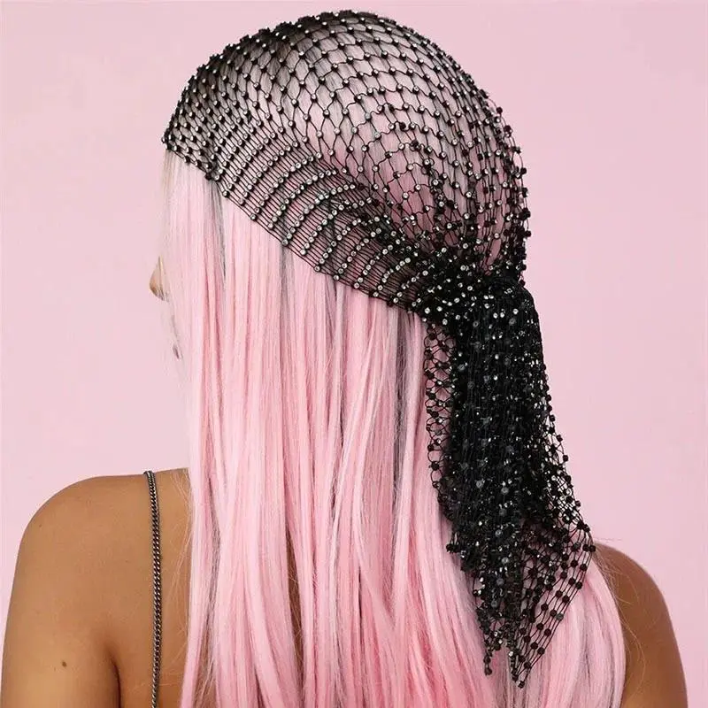 Glitter Rhinestone Mesh Hollow headscarf hat Fishnet Diamonds Rave Nightclub Headscarf Beach Party Hair Bands