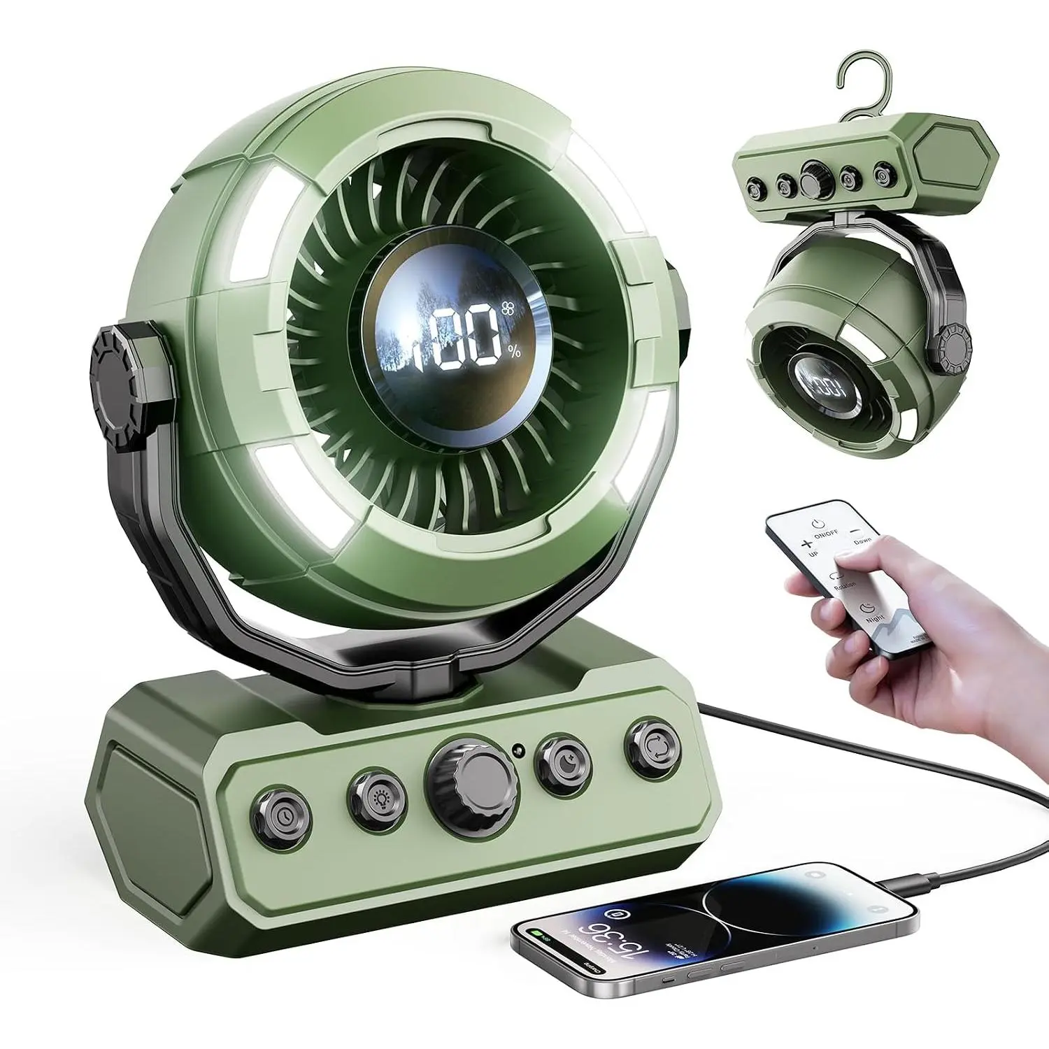 20000mAh Camping Fan with Light, 80Hrs Max Cooling, 100 Speeds, Portable Fan Rechargeable with Hook, Remote, Timer, 180° Oscillation,   for Outdoor Tent Beach Travel BBQ (Green)
