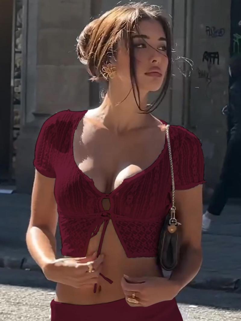 Women's Plain Sheer Lace Crop Tee, Street Fashion Casual Tie Front Split Hem Sweetheart Neck Top for Daily Outdoor Wear, Ladies Clothes for Summer