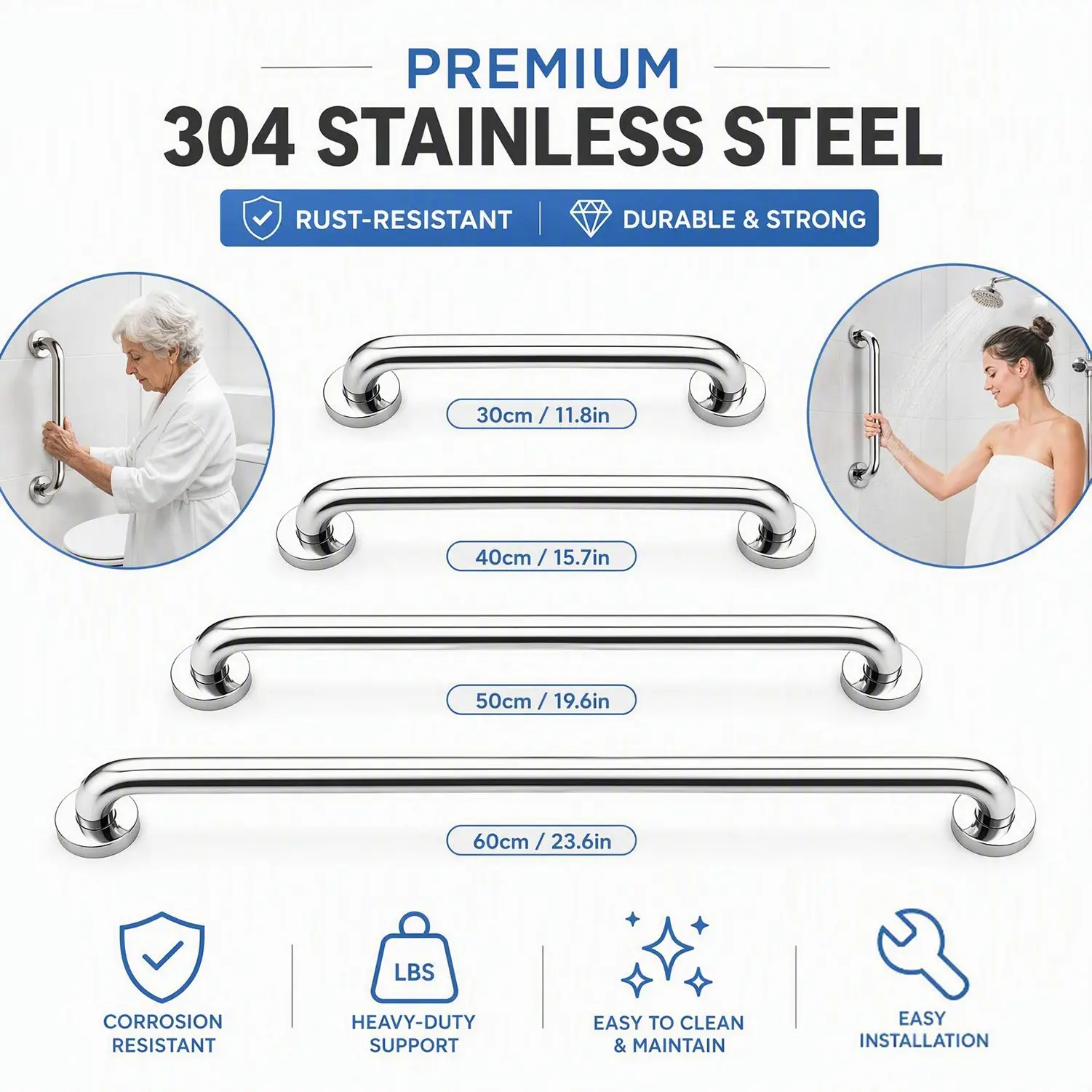 304 Stainless Steel Grab Bar Bathroom Safety Handle For Bathtub And Shower Non-Slip Fall Prevention Rail, For Elderly And Handicap