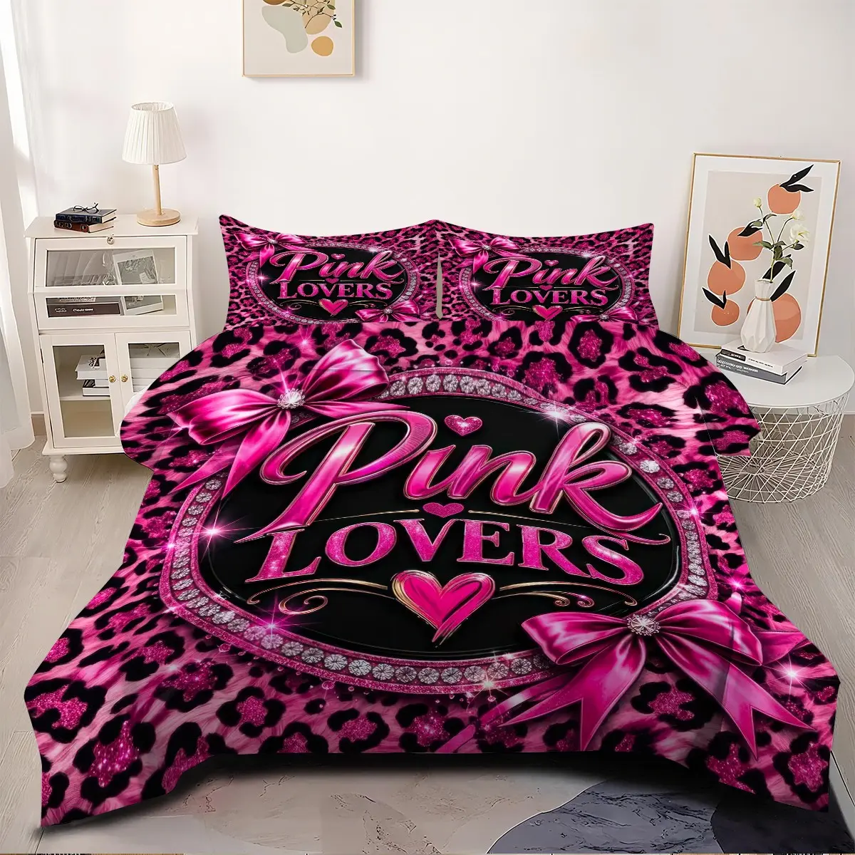 2/3-Piece Pink Bedding Set, Quilted Bedspread Set, Bright Pink Leopard Print Quilt Set, Quilted Quilt With Bow Decoration, Soft And Breathable, Suitable For Bedroom And Dormitory Decoration For Girls And Teenagers, With 1/2coreless Pillowcase