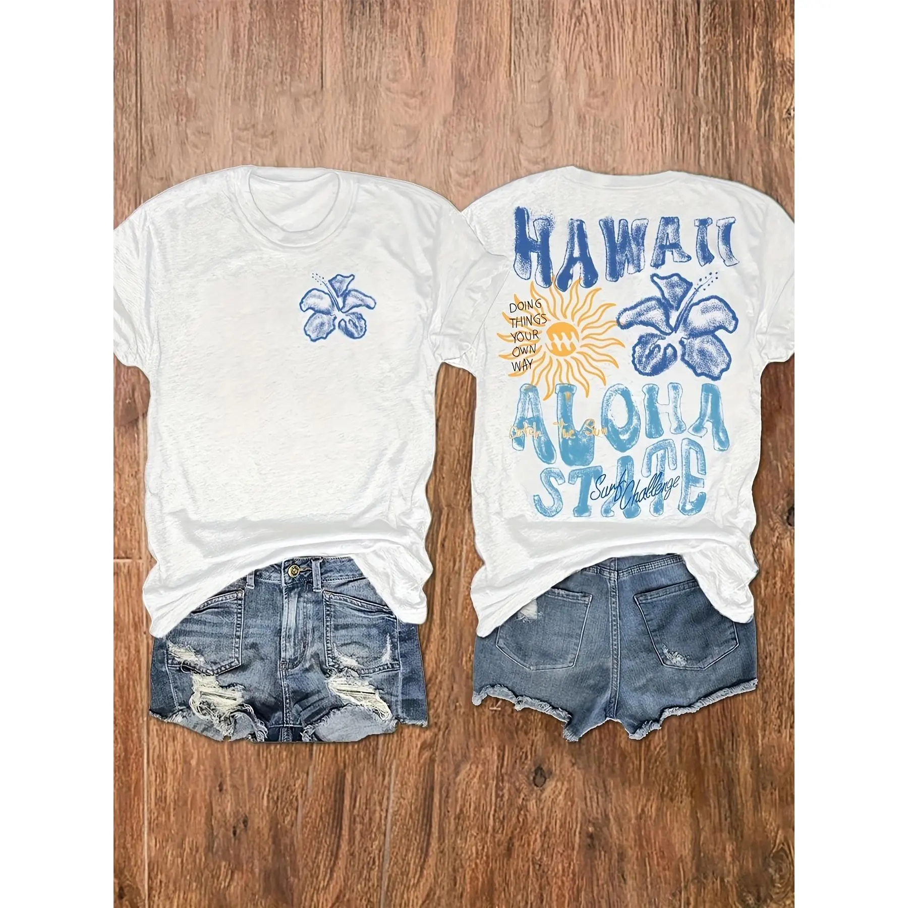 Hawaii Aloha State Double‑Sided Print T‑Shirt, Vintage Hibiscus Flower Sun Graphic Front‑Back Tee, Summer Tropical Beach Vacation Aesthetic Casual Oversized Short‑Sleeve Top, Surf Holiday Loose‑Fit Shirt For Women