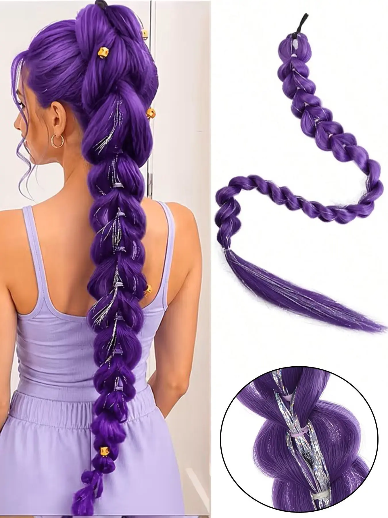 32inch Braided Purple Synthetic Hair Ponytail with Tinsel Hair Wig Super Long Extensions Shiny Tinsel Hair for Women Christmas Cosplay Kpop Anime Character Purple Wig