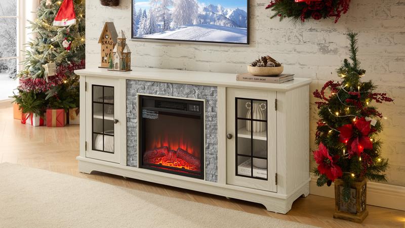[Bellemave]58" Modern TV Stand with 2-Door Storage & 18" Electric Fireplace, Faux Stone Media Console Cabinet, White Large Entertainment Center for Living Room