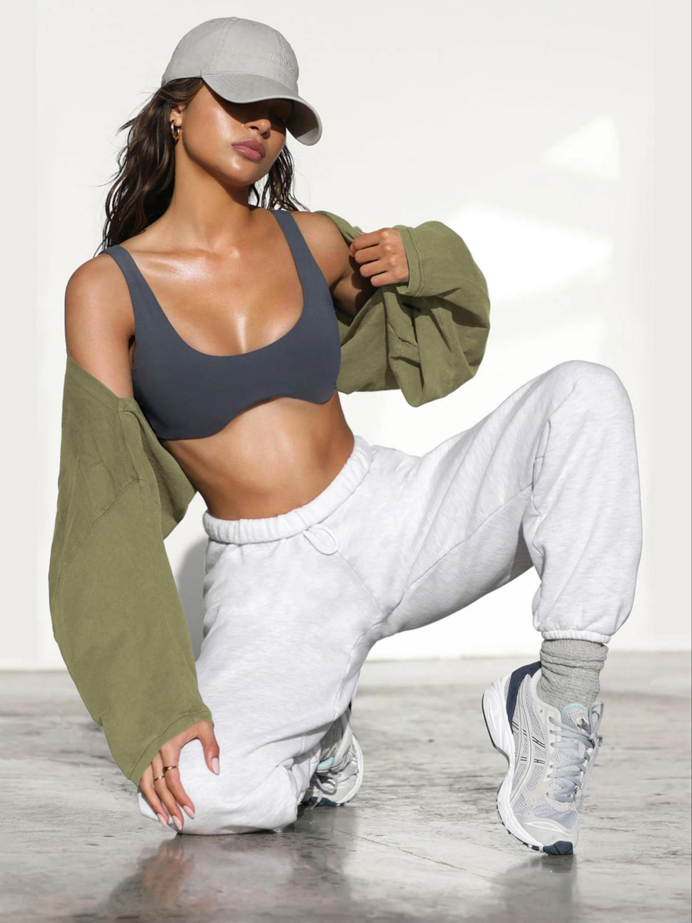 Women's Long Sleeve Round Neck Crop Top T-Shirt, Casual Solid Color Loose Pullover Sweatshirt, Perfect for Sports & Daily Wear, Casual Sporty Top