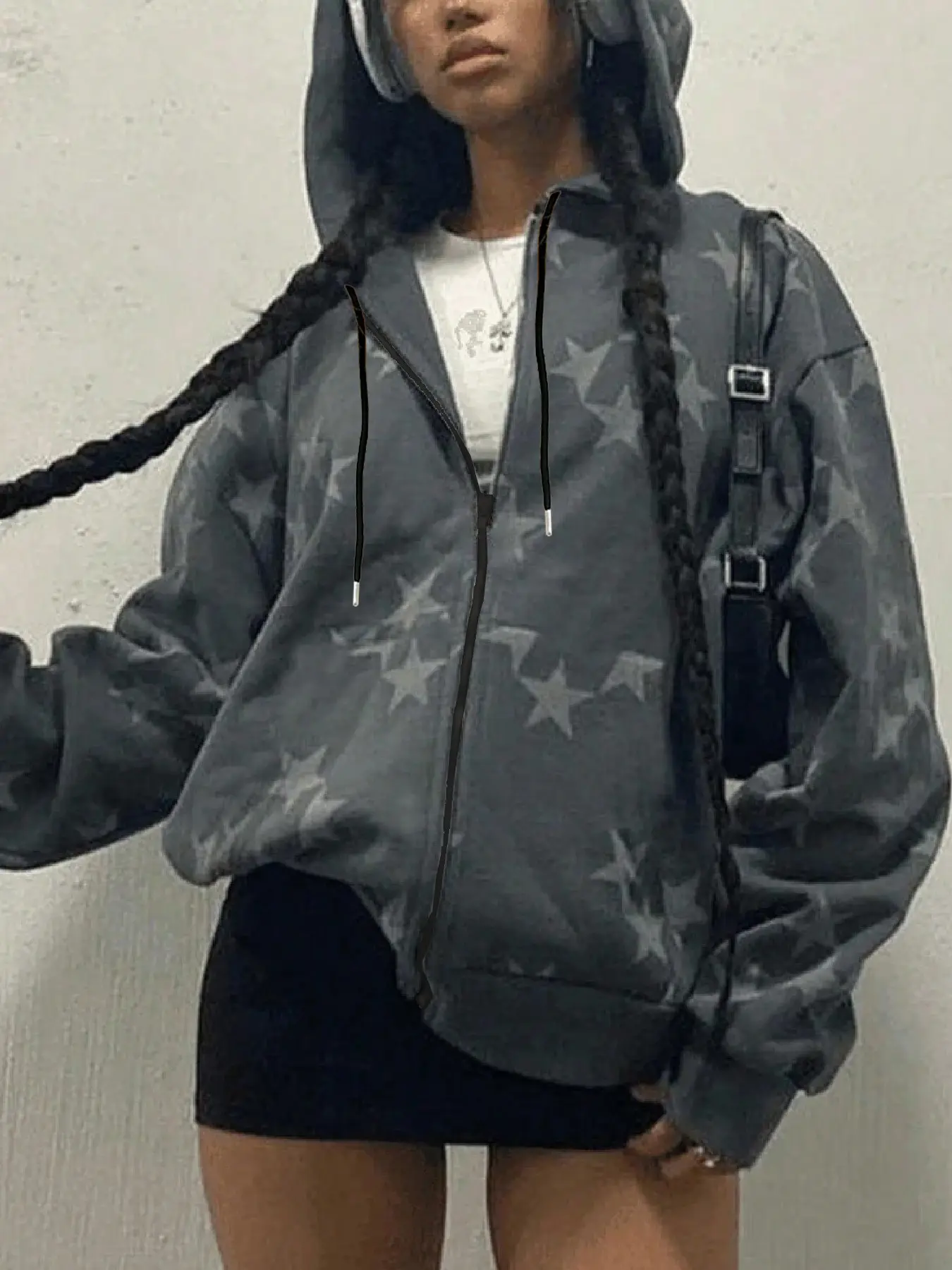 Women's dark gray star print zip-up hoodie, loose street style hooded jacket, unisex casual daily wear jacket, punk hip-hop casual jacket, Casual hooded top #springautumnwear#hoodie