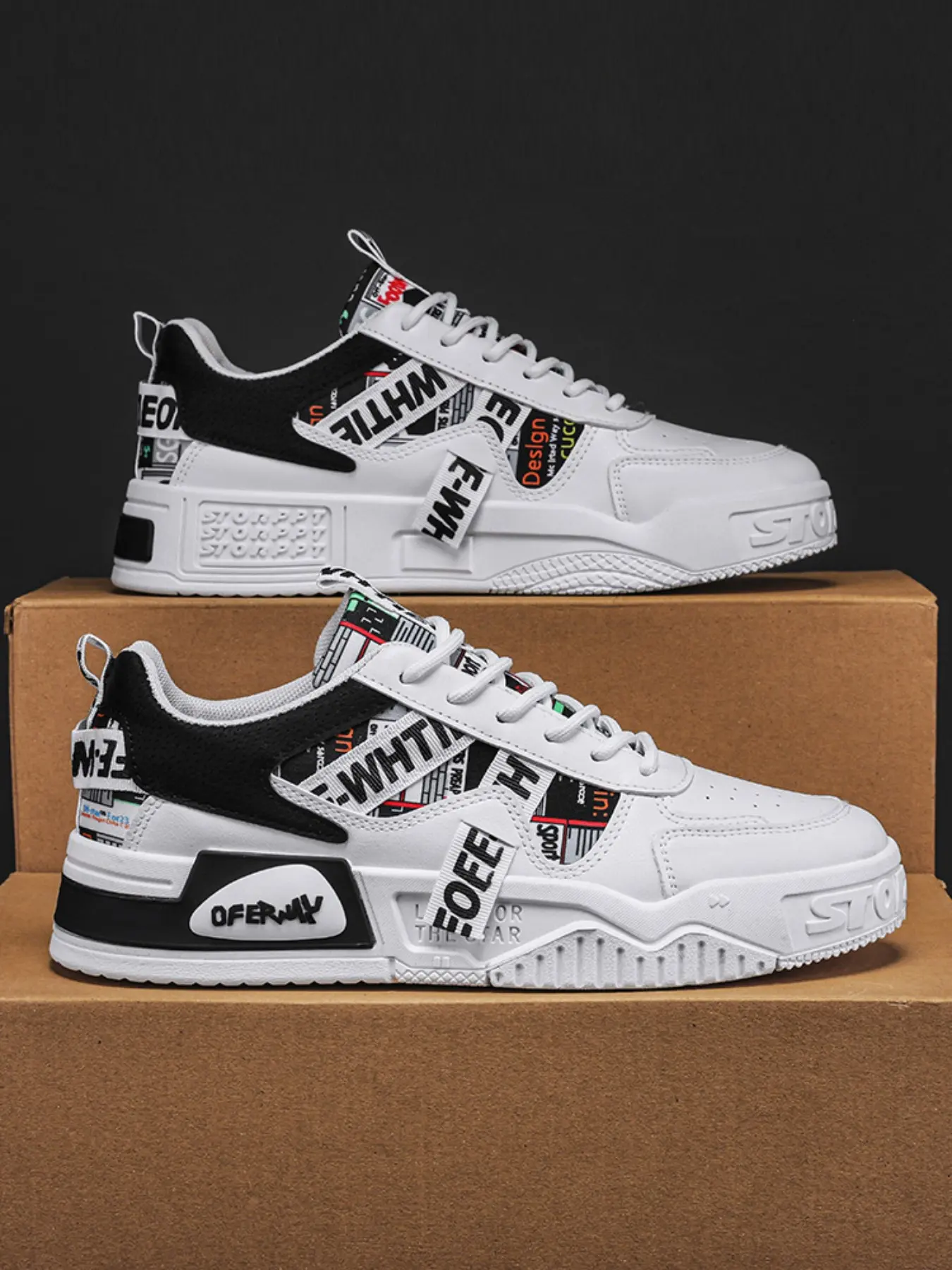 2026 New Men Spliced Graffiti Letter Webbing Platform Skate Shoes, Street Style Low Top Lace Up Sneakers, Non-slip Platform Casual Walking Shoes, Hip Hop Fashion Footwear, 2 Colors Available