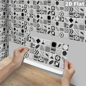 24PCS FG Black White Geometric Mosaic Peel And Stick Tile Splashbacks, Waterproof Oilproof PVC Crystal Self Adhesive Wall Stickers For Kitchen Bathroom Wood Tile Floor Home Decoration