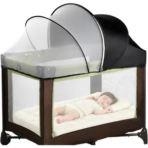 Pack N Play Tent Cover - Half-Blackout Mosquito Net for Crib & Playpen, Baby Bassinet Cover for Cats with 2-Way Zipper, Sun-Blocking Bug Net for Travel Crib (Black-Large)