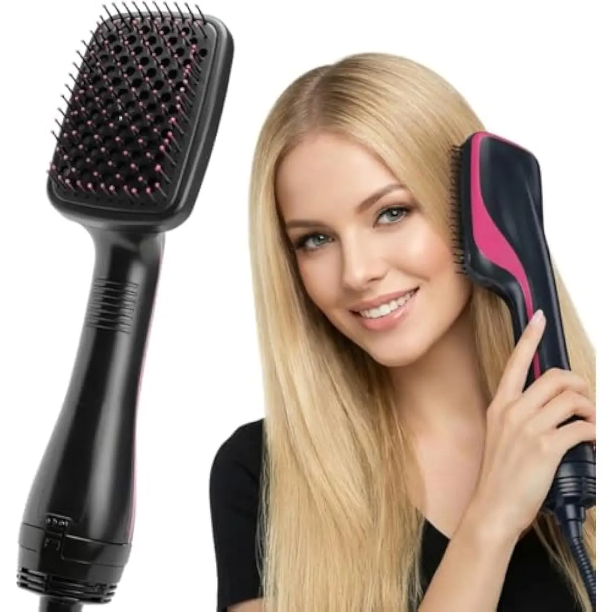 3-in-1 Hair Dryer Brush & Hot Air Styling Brush, Hair Straightener Brush for Drying, Straightening & Smoothing, 3 Heat/Speed Settings, Paddle Design for All Hair Types