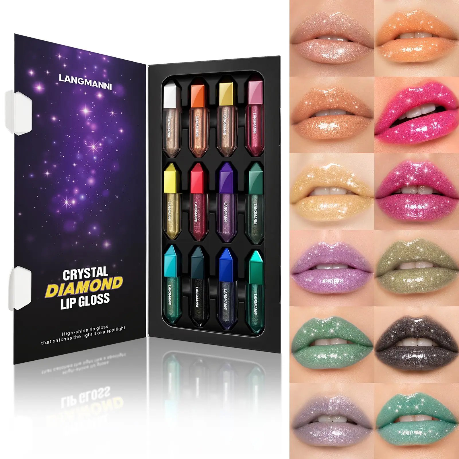 Langmanni 12 Color Diamond Shimmer Lip Gloss Balm Set, High Shine Pearl Glitter, Multicolor Party Festival Lip Makeup Combo