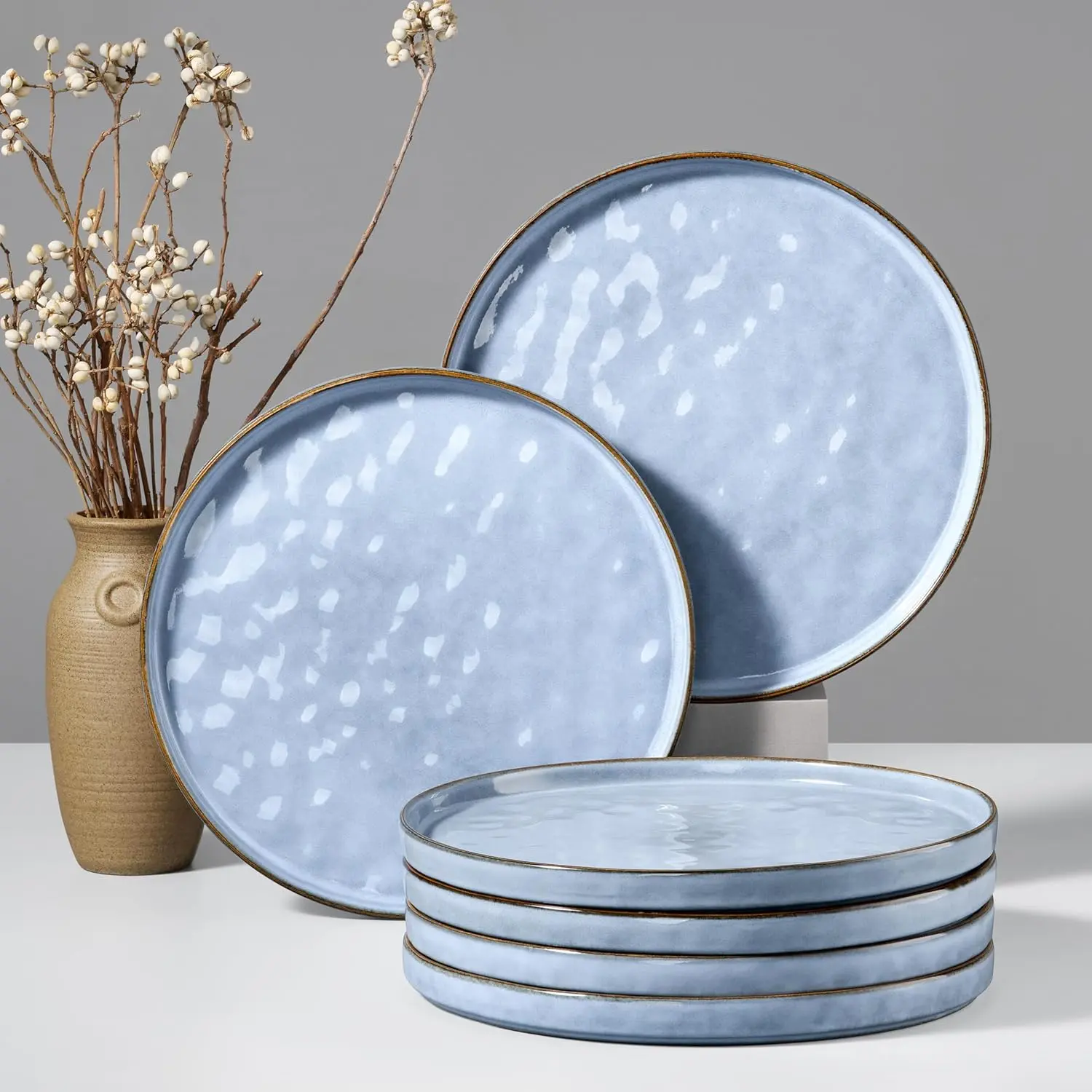 Stoneware Dinner Plates Set of 6, 10" Heavy Duty Ceramic Plate, Reactive   Dinnerware for  Restaurant, Chip and Scratch Resistant, Microwave and Dishwasher Safe, Reactive Blue