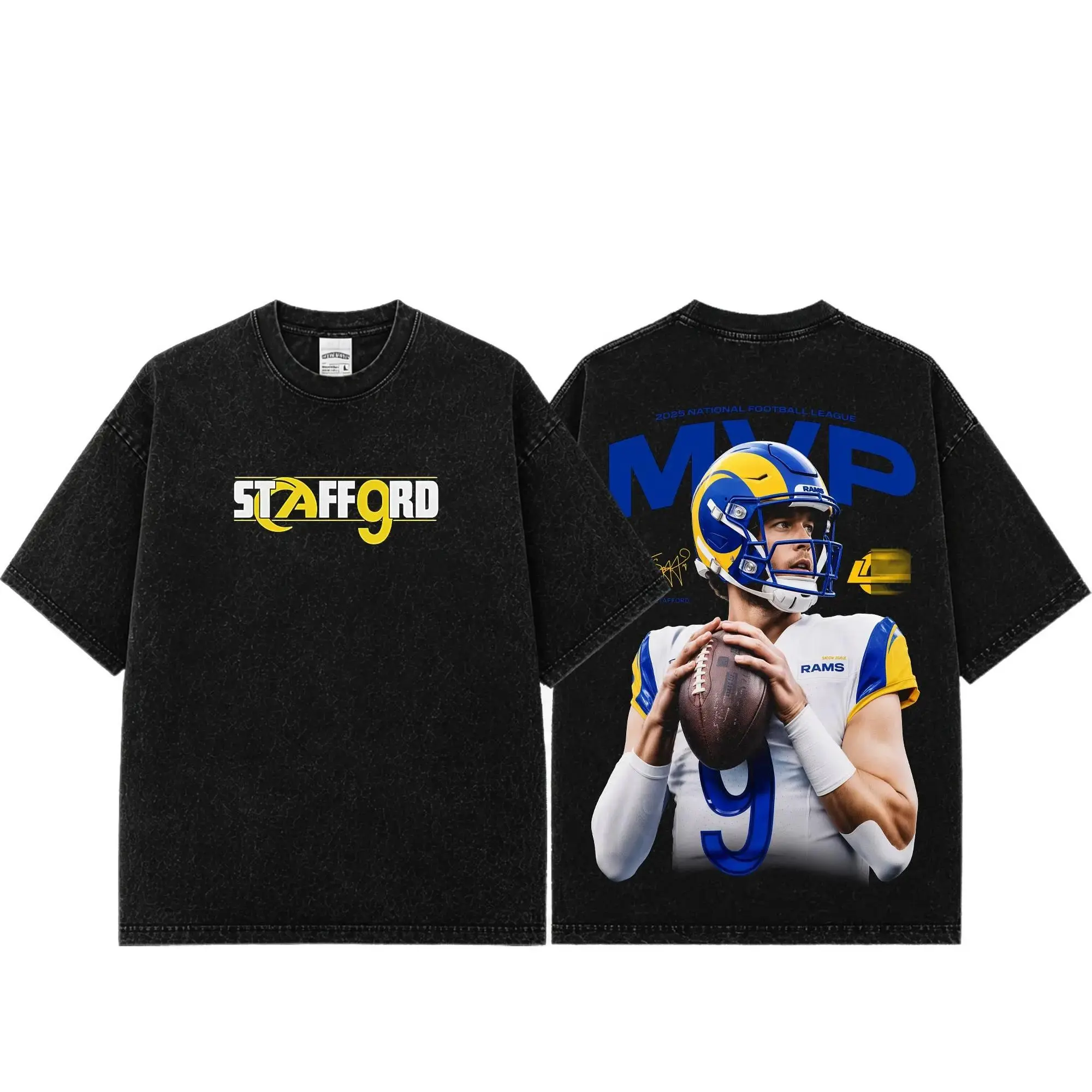 [Sale Up To 50%] Unisex Matthew Stafford #9 Premium Acid Washed Cotton Short-Sleeve Foldable Full Print T-Shirt, Heavyweight Vintage Football Graphic Menswear Top, Casual Rams Fan Oversize Streetwear Game Day Apparel Gift