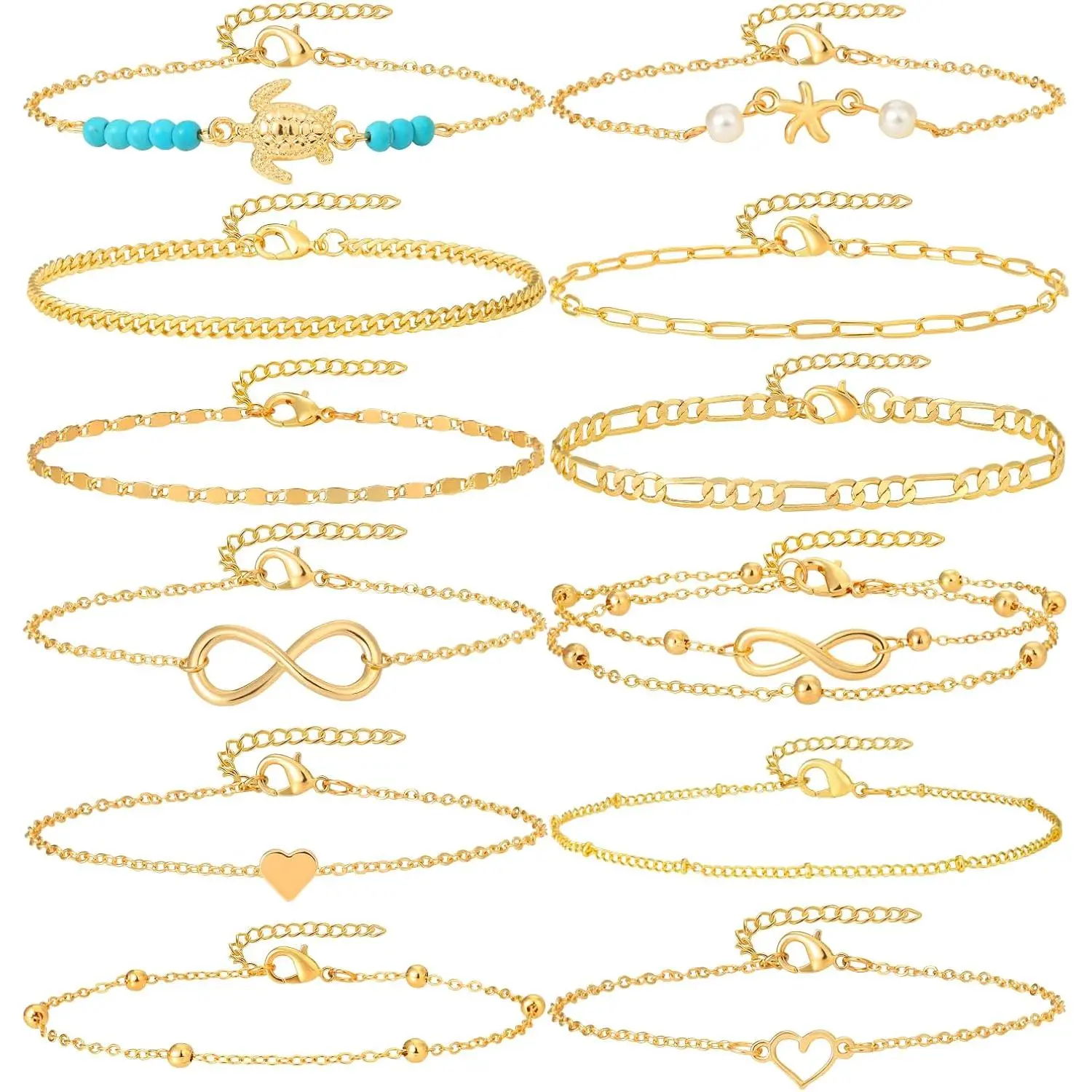 12 count Summer Beach Anklets for Women    Chain Ankle Bracelets Cute Women's Foot Anklet Set 7.9-10.5 inch Adjustable