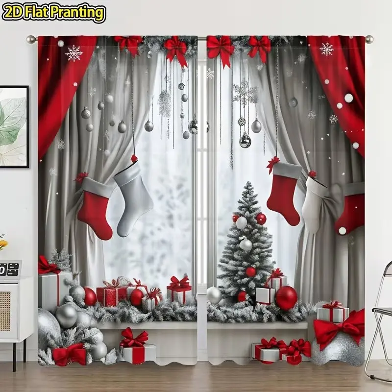 2 Piece Polyester Christmas Theme Curtains, Santa Claus Pattern Rod Pocket Drapes, Bedroom & Living Room Decor, Festive Holiday Window Treatments