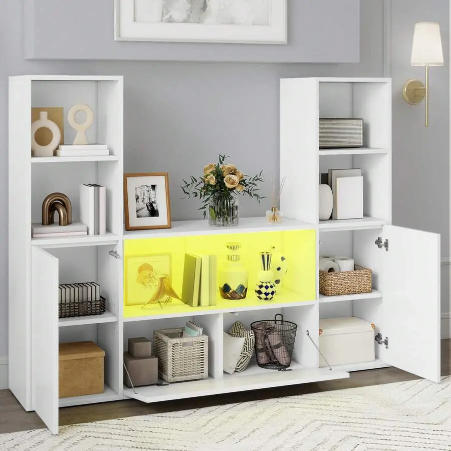 U-Shaped Bookcase Storage Modern Cabinet With Storage & Adjustable LED Lights Bookshelf Cabinet For Living Room, Kitchen, Home Office,chabuildreark,farmhouse,coffee bar cabinet,lockable,,drawer,dresser,,unit,,jewelry,armoire,,tower,,cabin,wooden,organizer