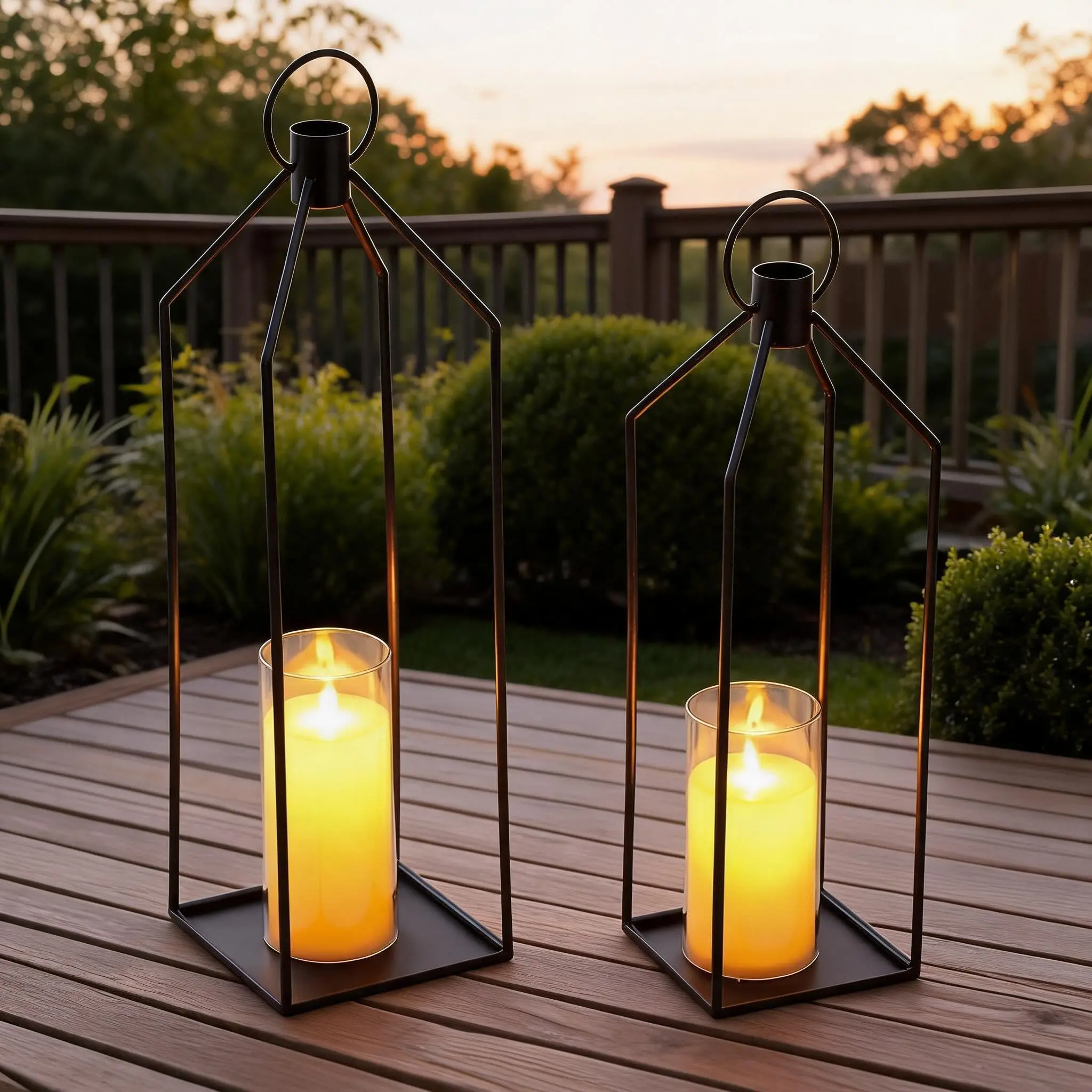Set of 2 Black Metal LED Candle Lanterns with Remote Control, Featuring Acrylic LED Candles, Battery Operated, Modern Floor and Table Decor for Living Room and Garden, Sizes 19" and 22"