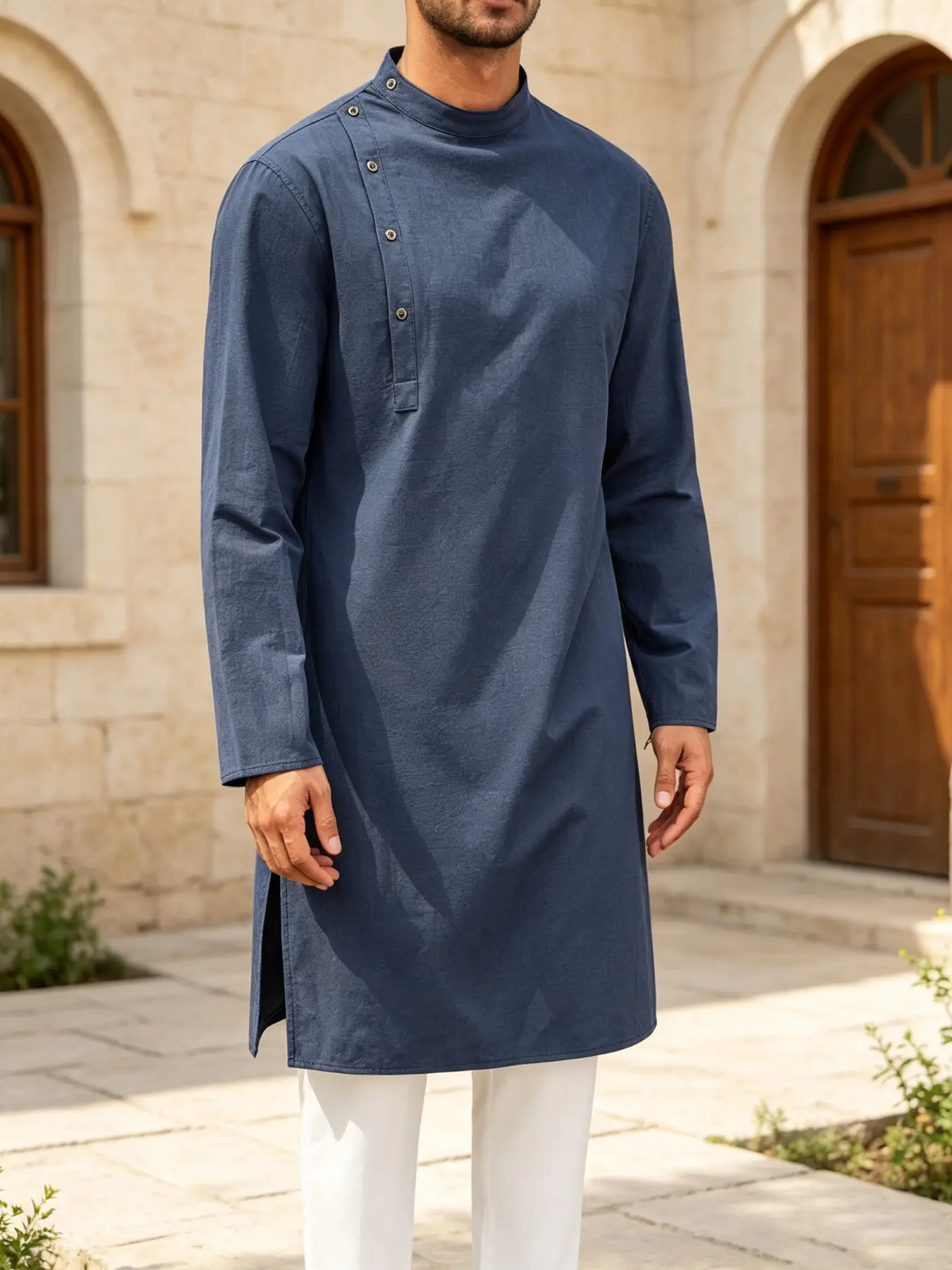Men's Arabic Thobe, Long Sleeve High-Quality Henley, Casual Muslim Attire, Kurti Shirt, Comfortable and Stylish Islamic Clothing