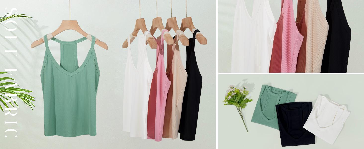 FMEYOA Women Casual Racerback Tank Tops Summer V Neck Ribbed Knit Yoga Workout Camisole Basic Top