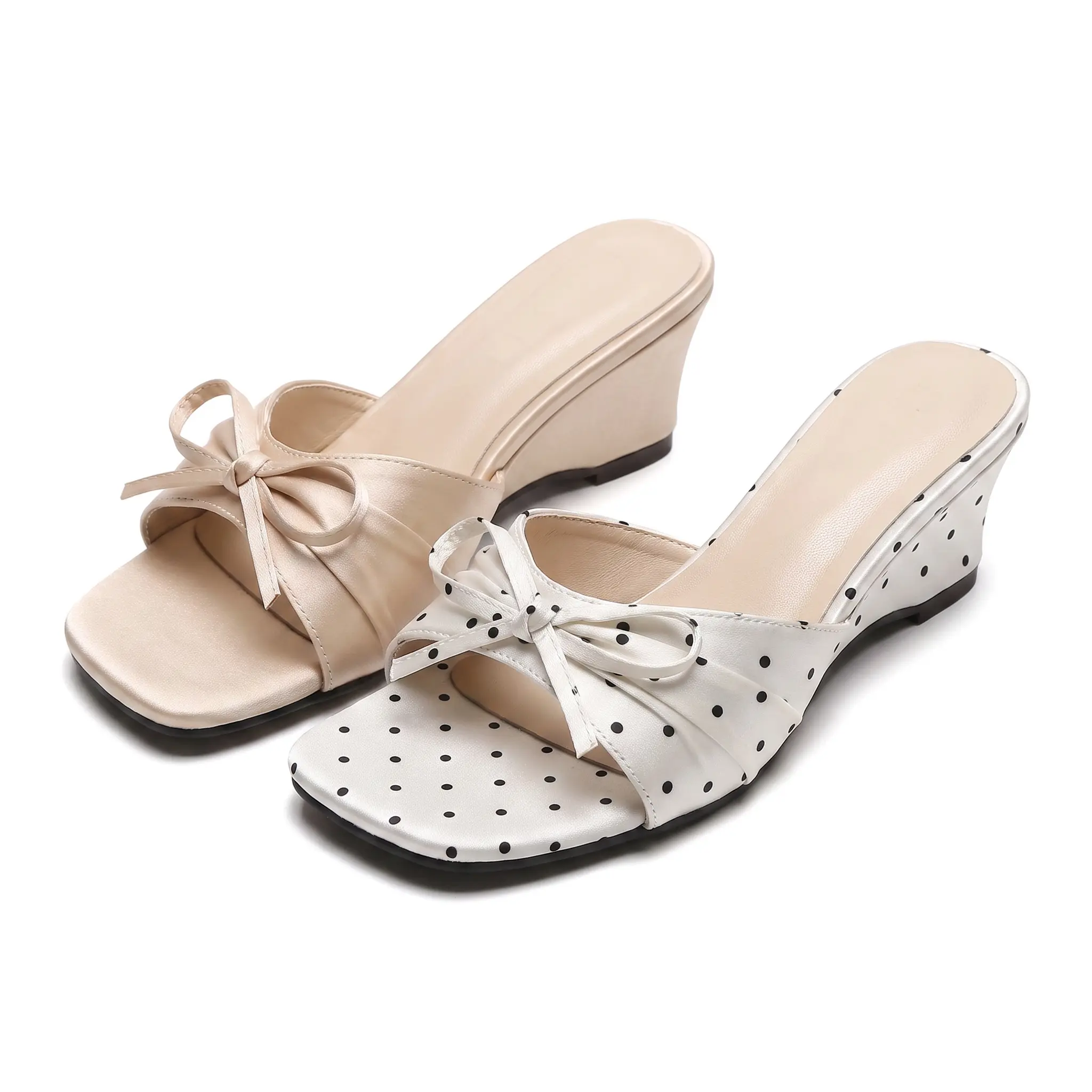 Women's Satin Bow Slide-On Wedge Sandals, Cute Polka Dot Design, Elegant Open Toe, Medium Heel Daily Shoes for Summer Spring Autumn, Sandals For Women