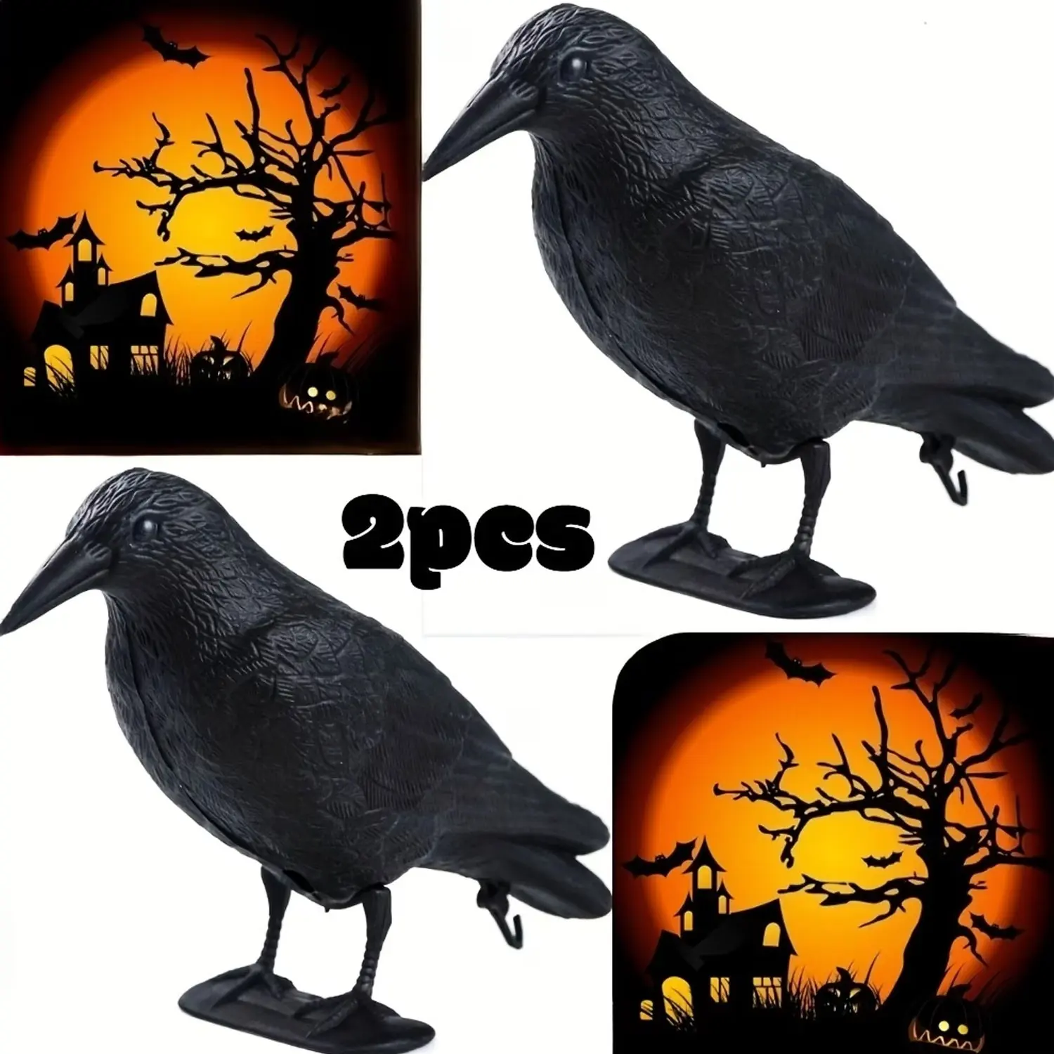 2 pieces of realistic imitation crow figurines. Durable outdoor garden sculptures for standing birds as bait. Precise crow model for garden landscape decoration. Resistant to wind throughout the four seasons and does not fade. Effective in driving away ha