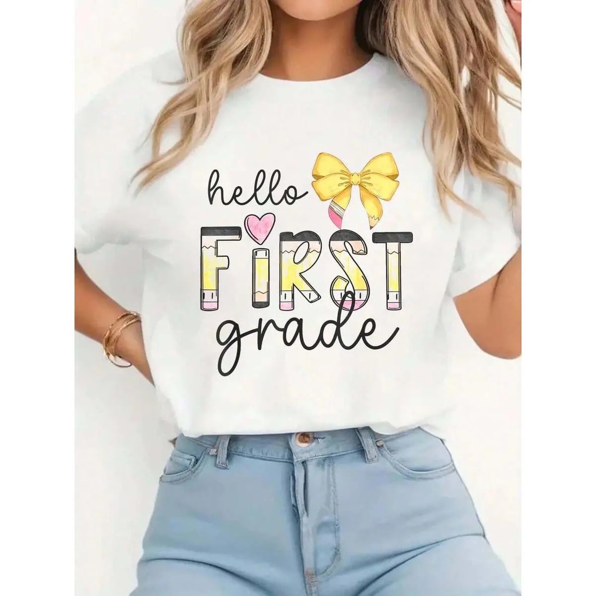 White Top, Hello First Grade Teacher Coquette Pencil Bow Back To School T-Shirt Women's Casual Short Sleeve Crew Neck T-Shirts - Perfect For Commencement/Graduation Season