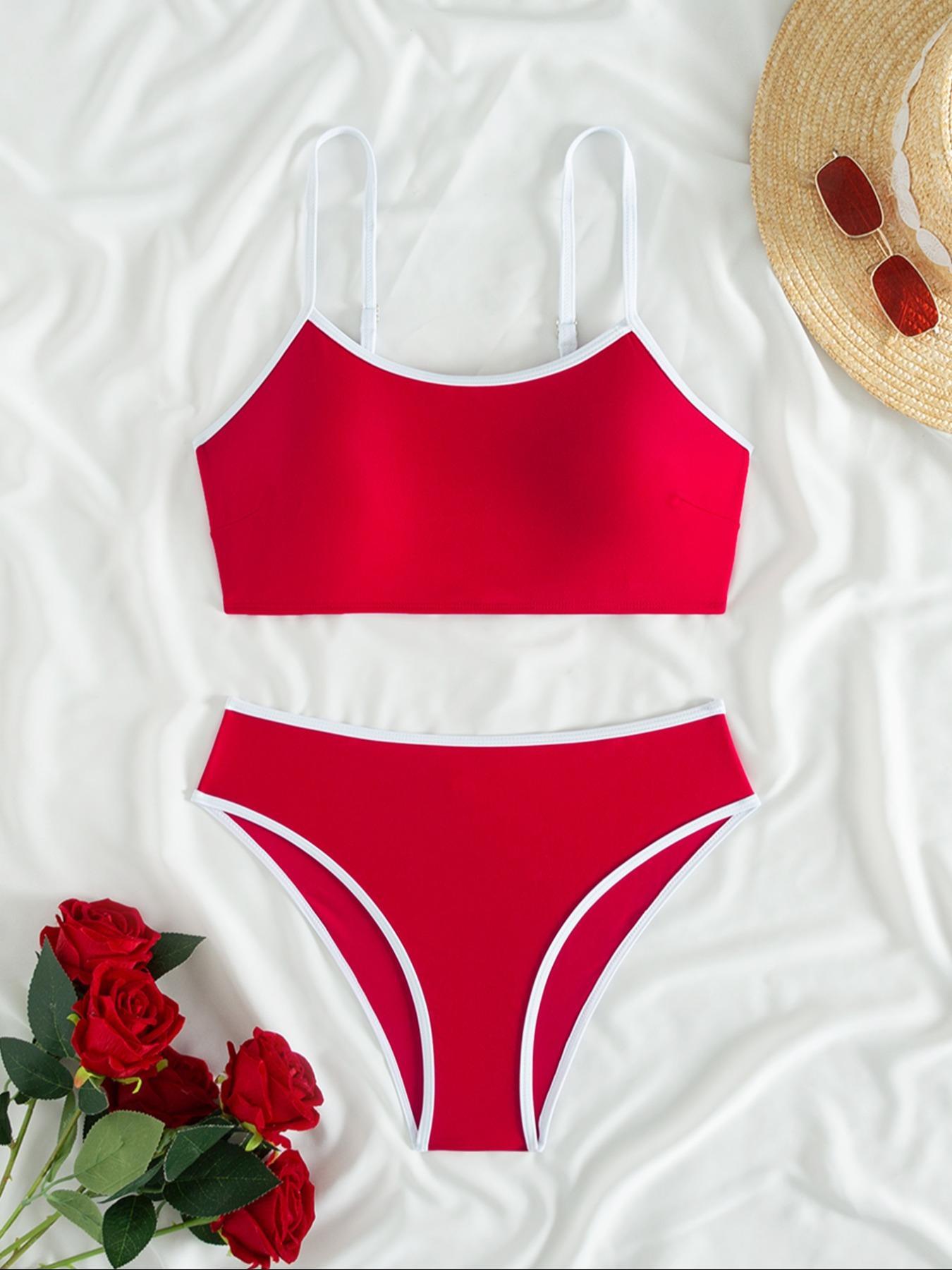 Two-piece Set Women's Solid Color Bikini Set, Casual Adjustable Strap Swim Top & High Cut Swim Bottom, Two-piece Swimsuit for Beach Holiday Vacation, High Waist Swimsuit, High Waisted Swimsuit