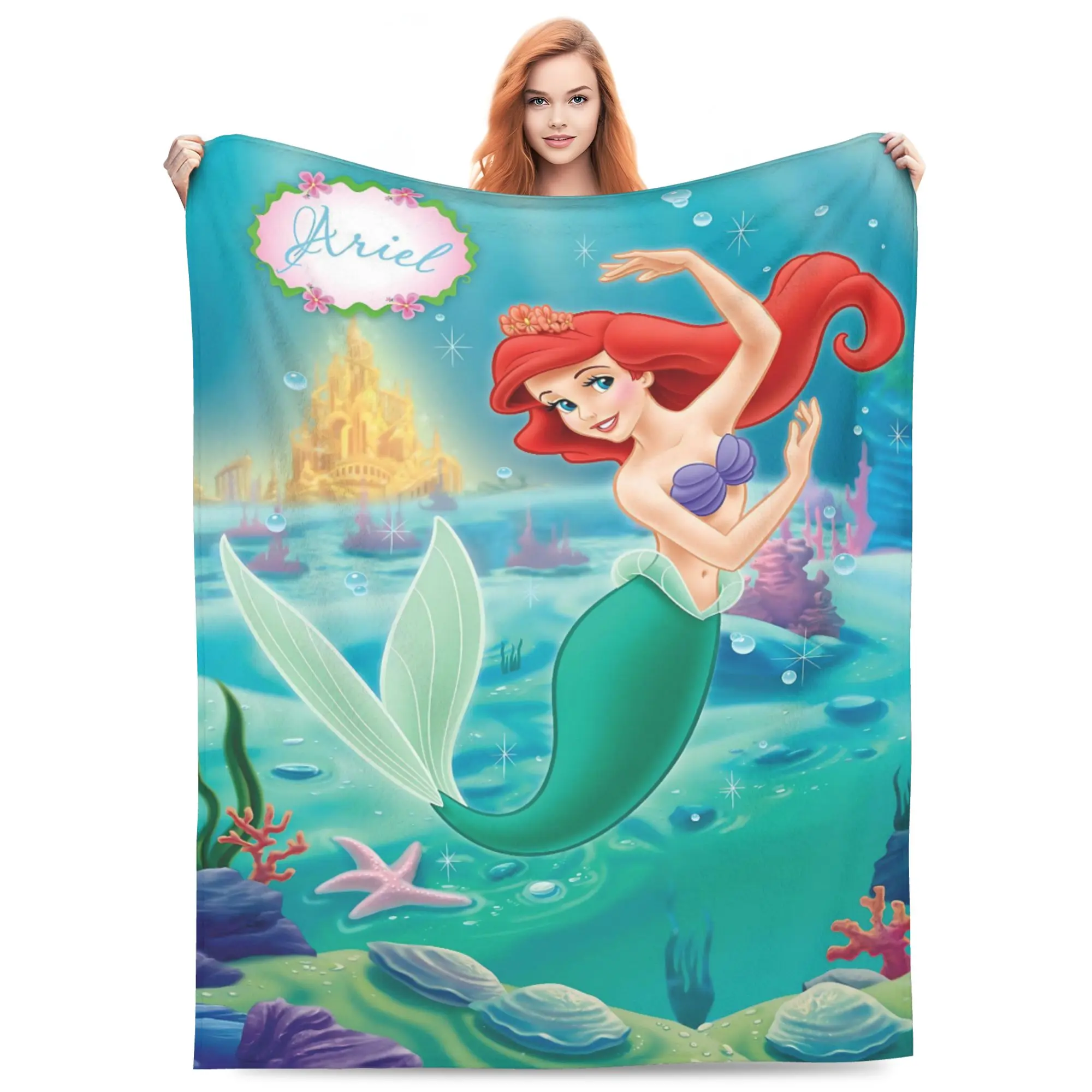 DISNEY CLASSIC The Little Mermaid Ariel Underwater Throw Blanket, Red Hair Mermaid Princess Ariel Coral Castle Starfish Ocean Bubble Cartoon Print Flannel Fleece Blanket Soft Cozy Blanket for Sofa Bed Gift for Girls Kids