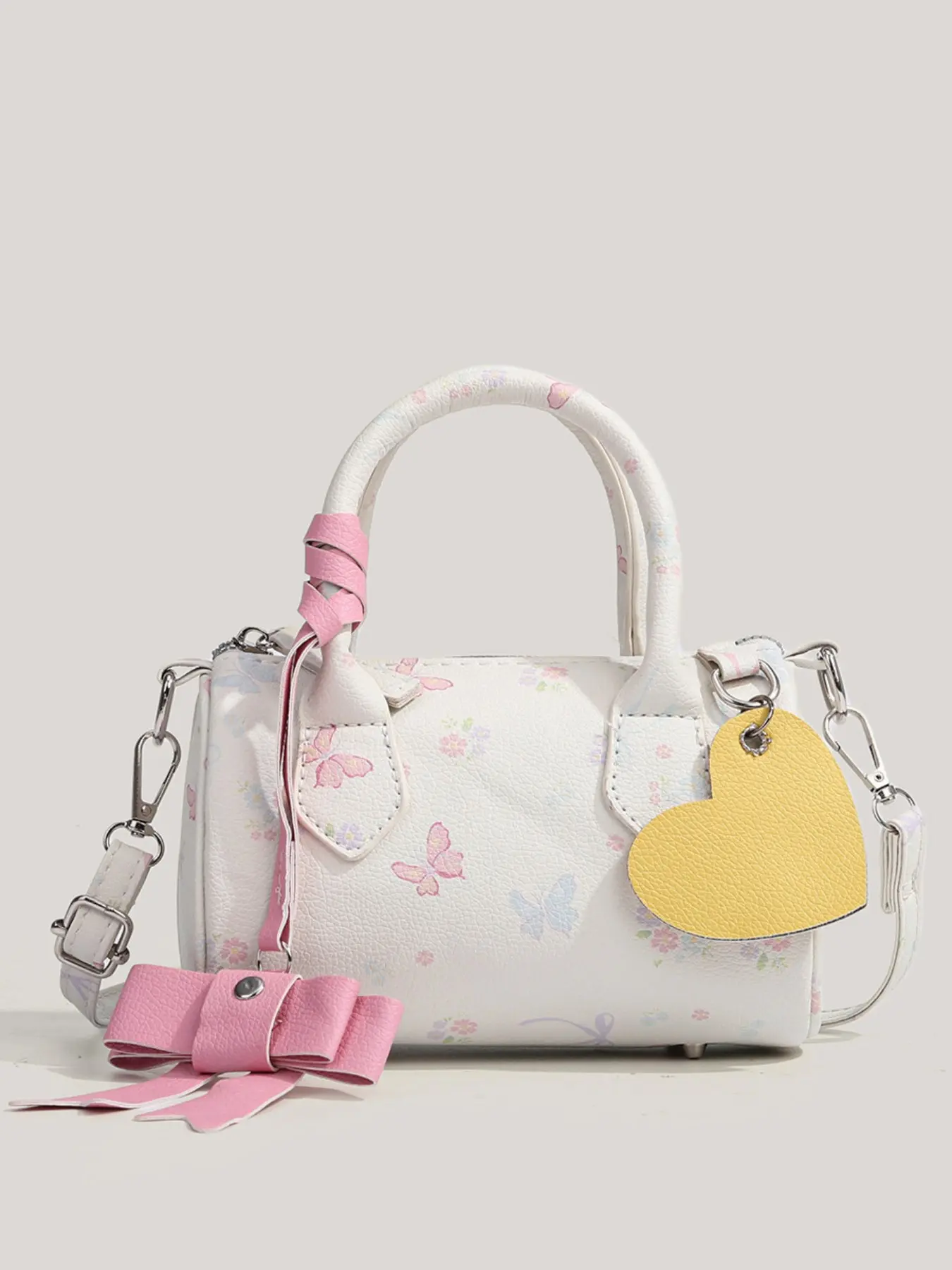 Sweet Butterfly Print Mini Round Handbag, Bow Heart Charm, PU Leather, Detachable Shoulder Strap, Cute Boston Bag for Students and Dates, Bowknot Decor Handbag, Casual Handbag