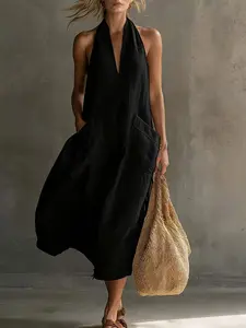 New Women's Casual Fashion Retro Vacation V-Neck Patch Pocket Halter Midi Dress, Stylish and Comfortable, Perfect for Leisure and Travel