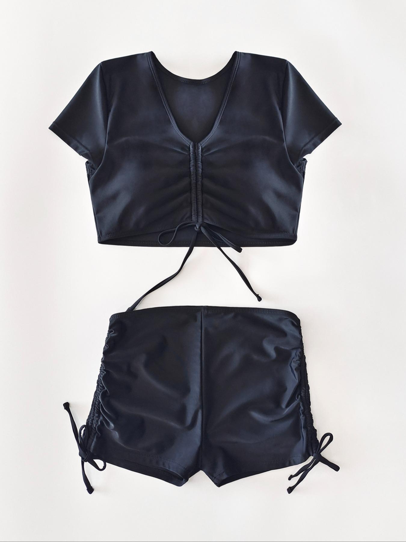 Two-Piece Set Women's Solid Ruched Drawstring Skinny Swimsuit Set, Casual V Neck Short Sleeve Tie Front Swim Top & High Waist Drawstring Side Swim Shorts, Ladies Summer Beach Holiday Vacation Swimwear, Tankini With Shorts