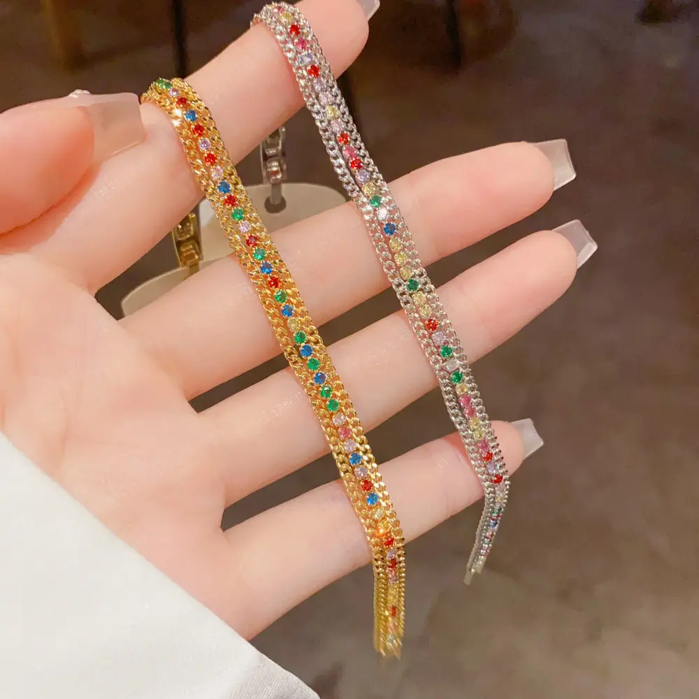 Women's Rainbow Rhinestone Link Bracelet Dainty Tarnish Free Gold Silver Chain For Summer Party Stacking Y2K Colorful Jewelry Sparkly Tennis Accessory