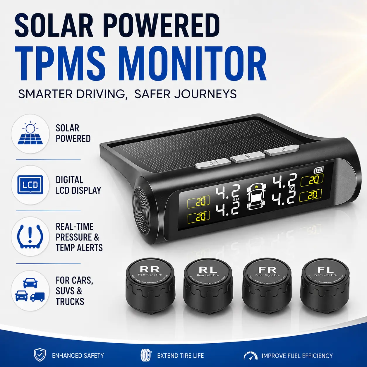 Solar-Powered Wireless TPMS Tire Pressure Monitoring System with Digital LCD Display, Real-Time Tire Pressure & Temperature Alerts, Easy Dashboard Monitoring for Cars, SUVs, Trucks & Daily Driving Safety