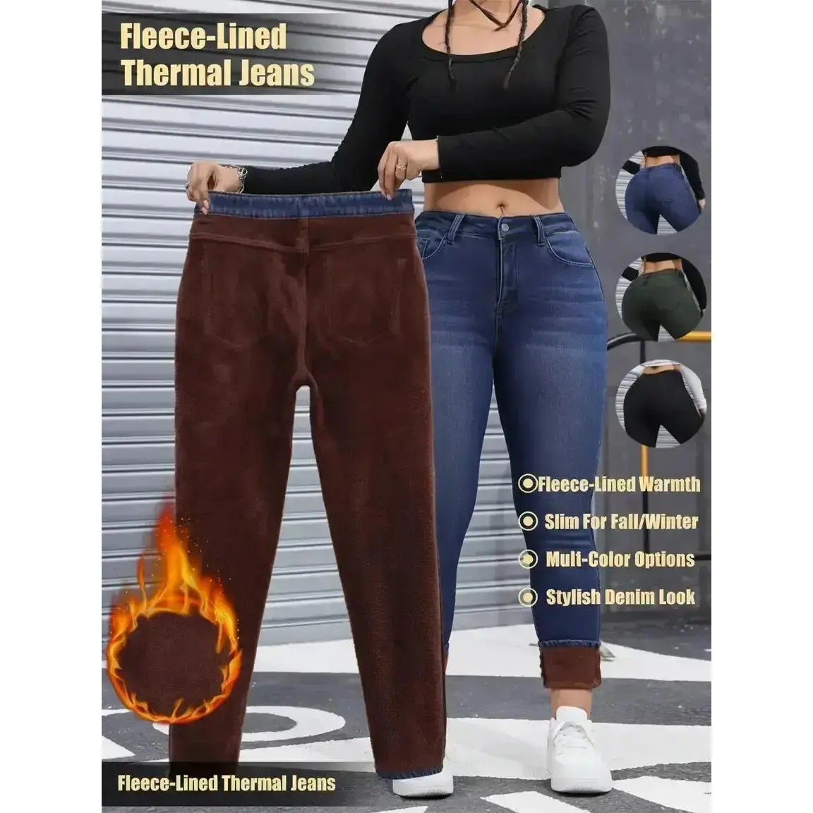 Women's Chic Fleece-Lined Thermal High Waist Jeans, Slim-Fit Woven Denim Pants for Fall & Winter, Chic Bottoms, Trouser