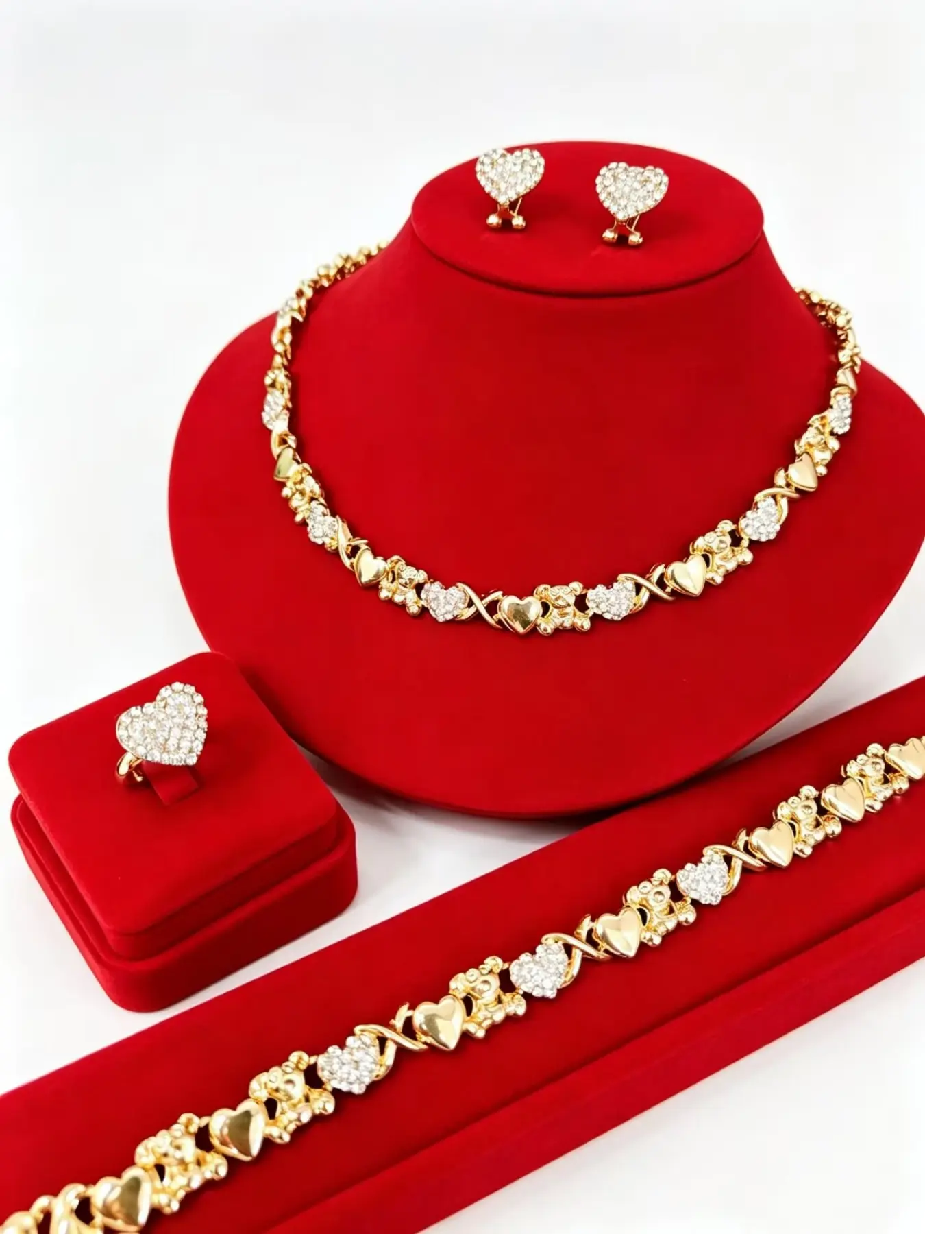 Fashion Women's Xo Heart Bear Rhinestone Jewelry Set, Necklace Earrings Bracelet Ring, Wedding Party Gift, Wedding Jewelry Sets For Brides