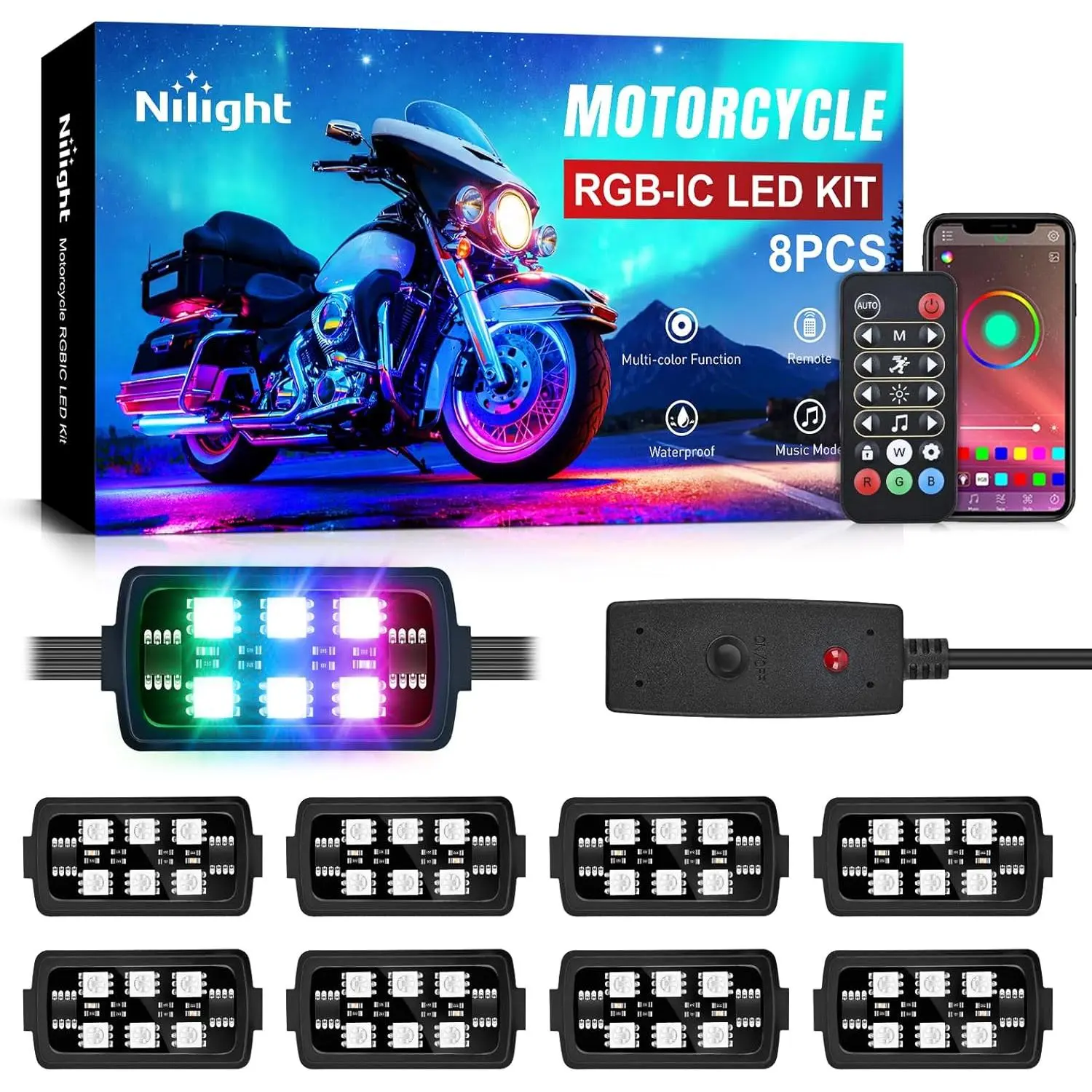 Nilight 8PCS Motorcycle Dream Color Underglow LED Strip Lights Kit - Waterproof Multicolor Neon Accent Pods, APP & Remote Control for Harley Davidson, Dirt Bike, Underglow Led Lights