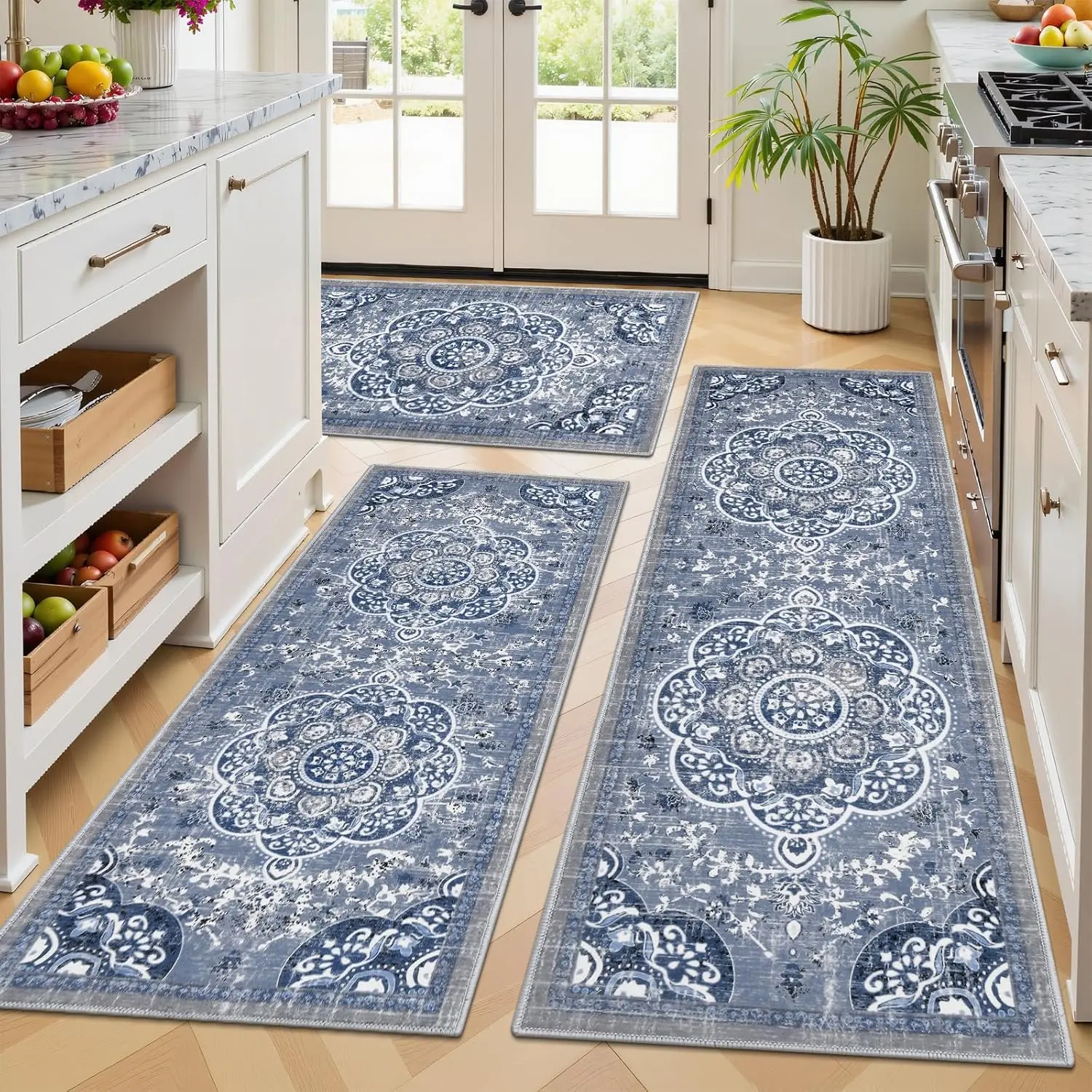 Boho Kitchen Rugs Sets 3 count with Runner Floral Kitchen Floor Mat Carpet  Kitchen Rugs and Mats Non Skid Washable Runner Rug for Kitchen Floor Office Sink Laundry, Blue