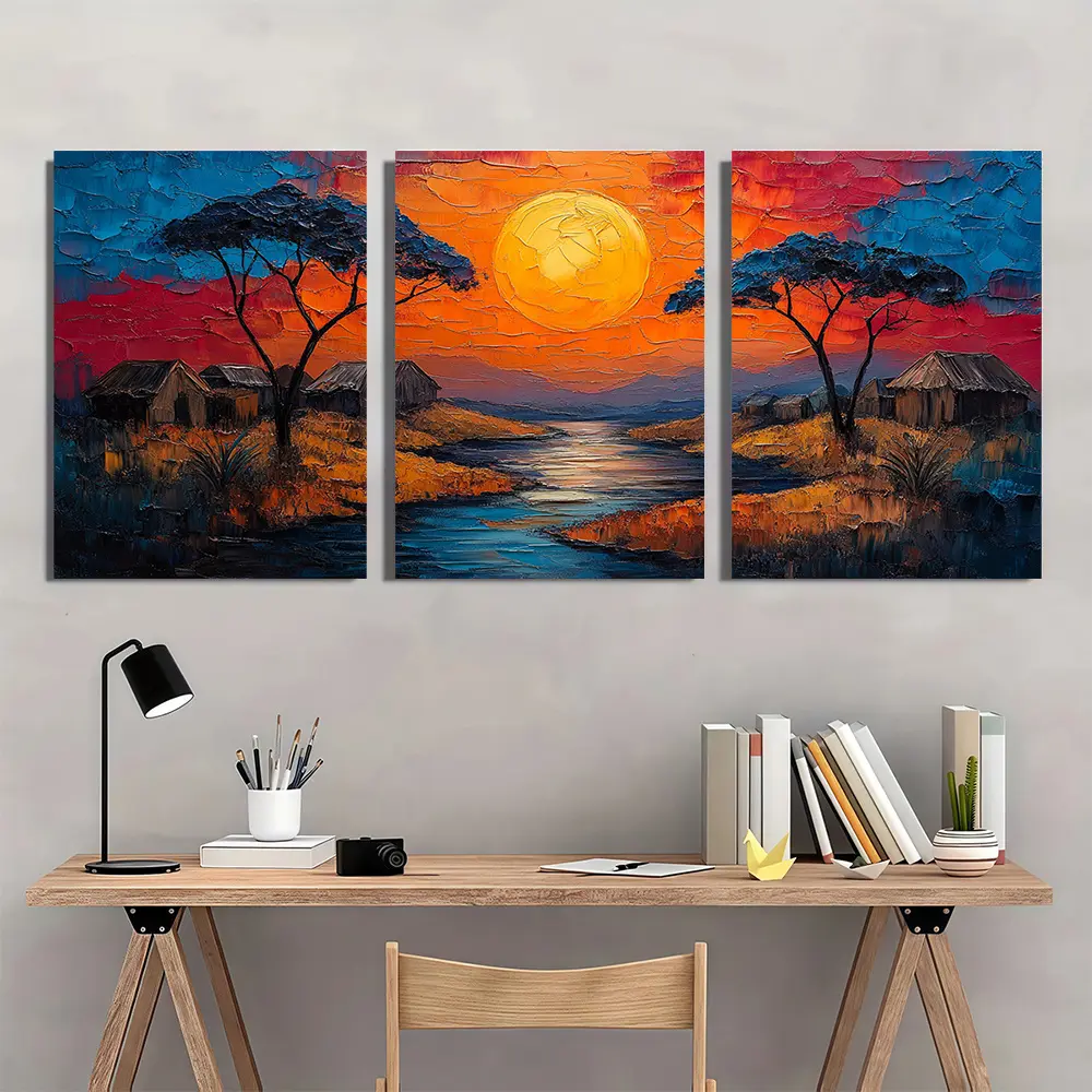 2D‑Flat 3‑Piece African Sunset Landscape Canvas Wall Art, aesthetic wall poster for bedroom, bathroom, office and living‑room, suitable for Halloween indoor home decoration
