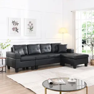 ARCH Modern L-Shape Sectional Sofa Set for Living Room with Chaise Lounge, Cup Holder, Left or Right Hand Chaise, 4-Seat Upholstered Couch, Black Fabric Sofa Set with Ottoman, Family Room Furniture, Living Room Furniture for Apartment, Lounge