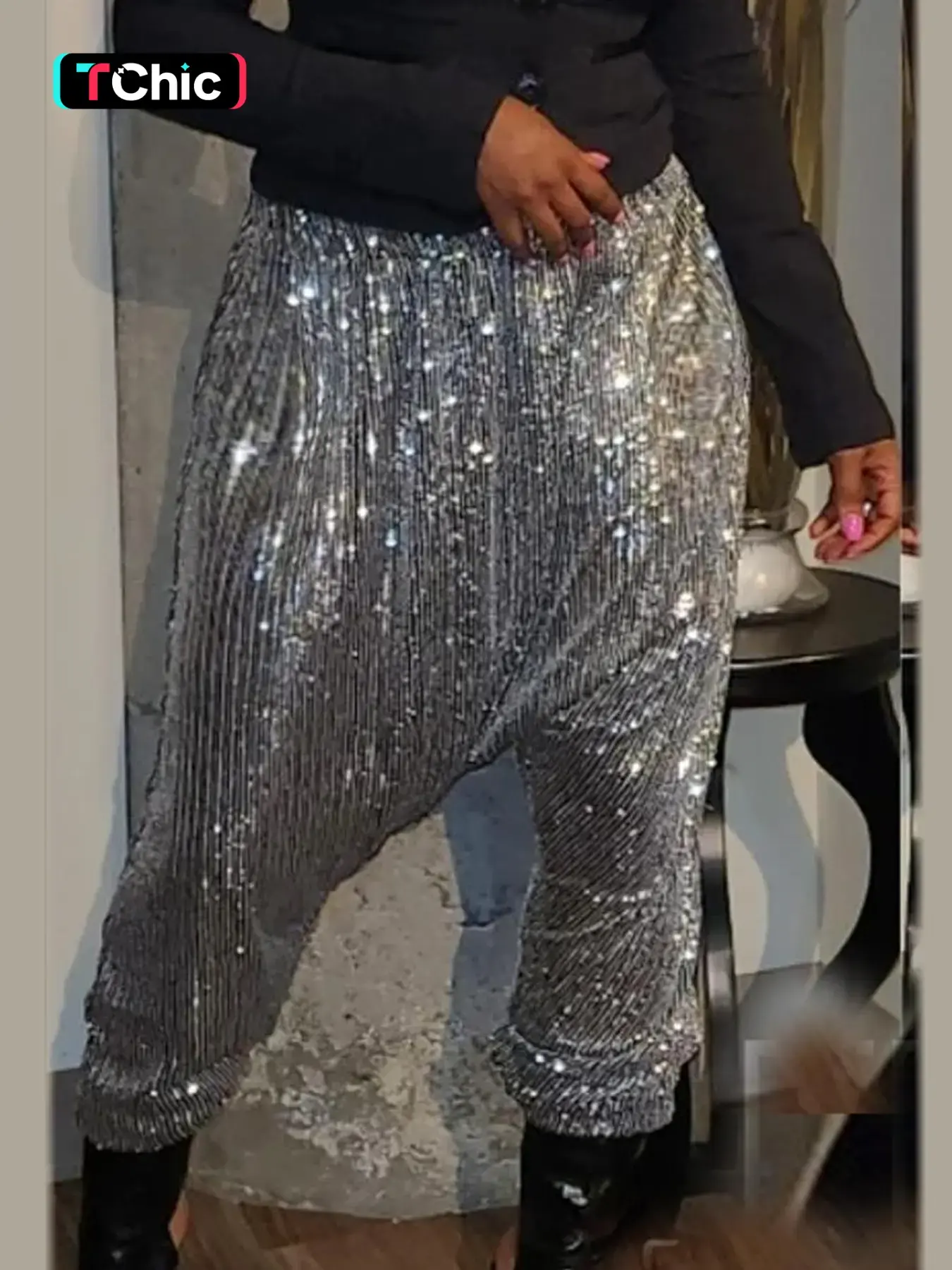 Women's Fashion Casual Sequin Hip Hop Cuffed Pants, Perfect Choice for Outdoor Parties, Stylish and Comfortable, Ideal for All Seasons