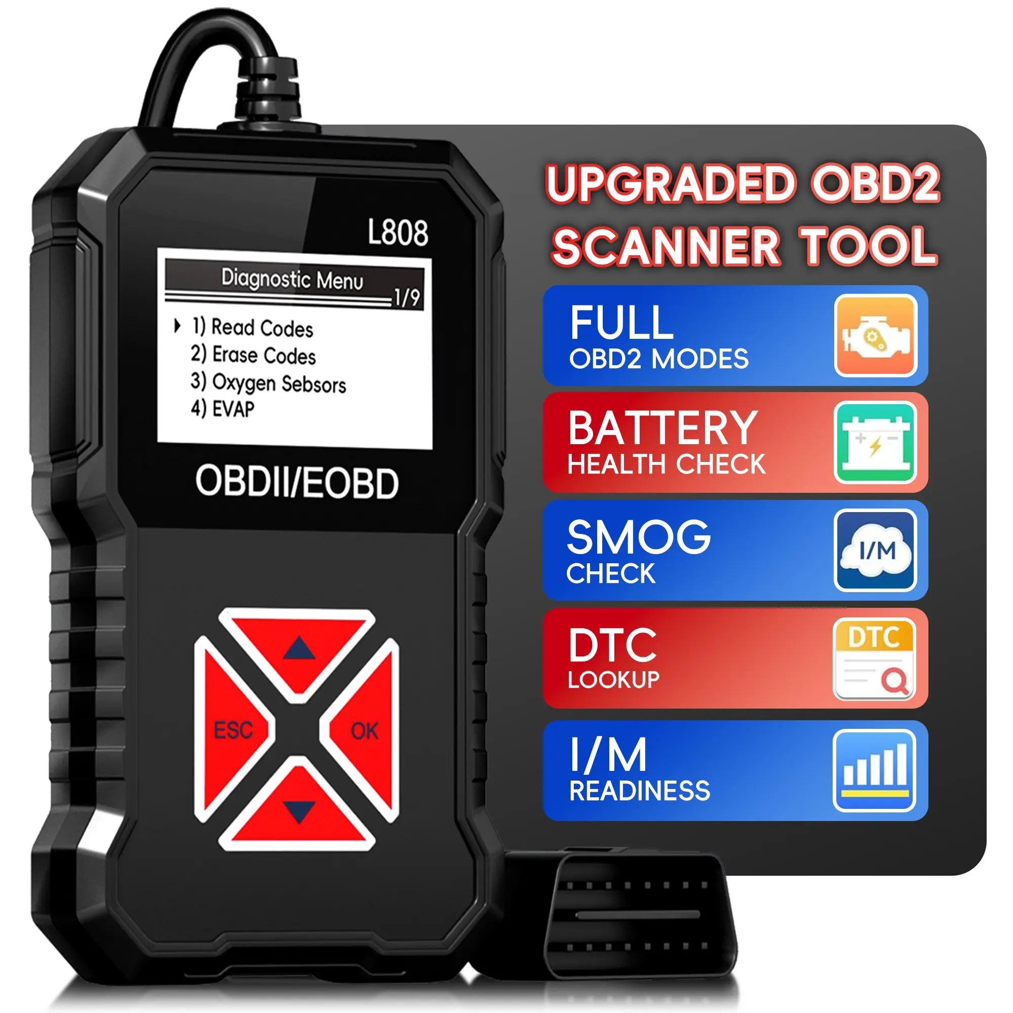 OBD2 Scanner Diagnostic Tool, Automotive Car Code Reader with Built in DTC Lookup, Check Engine Light Reader, Live Data, I/M Readiness, Battery Voltage Test, for 1996+ Vehicles