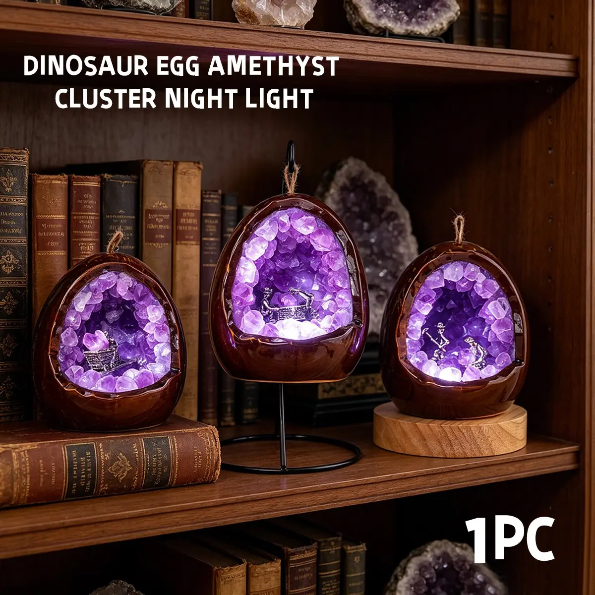 Dinosaur Egg Amethyst Crystal Cluster Night Light, Soft Glow Switch Control Bedside Lamp, Bedroom Spiritual Decor Ornament Gift