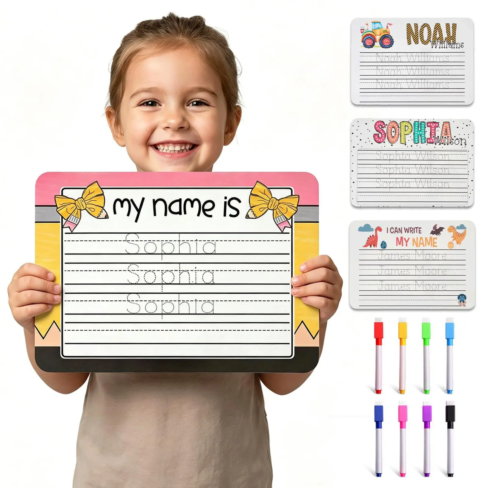 Toddler Name Writing Practice Dry Erase Board Personalized Cartoon Pattern Reusable Wipe Clean Learning Board for Home Classroom