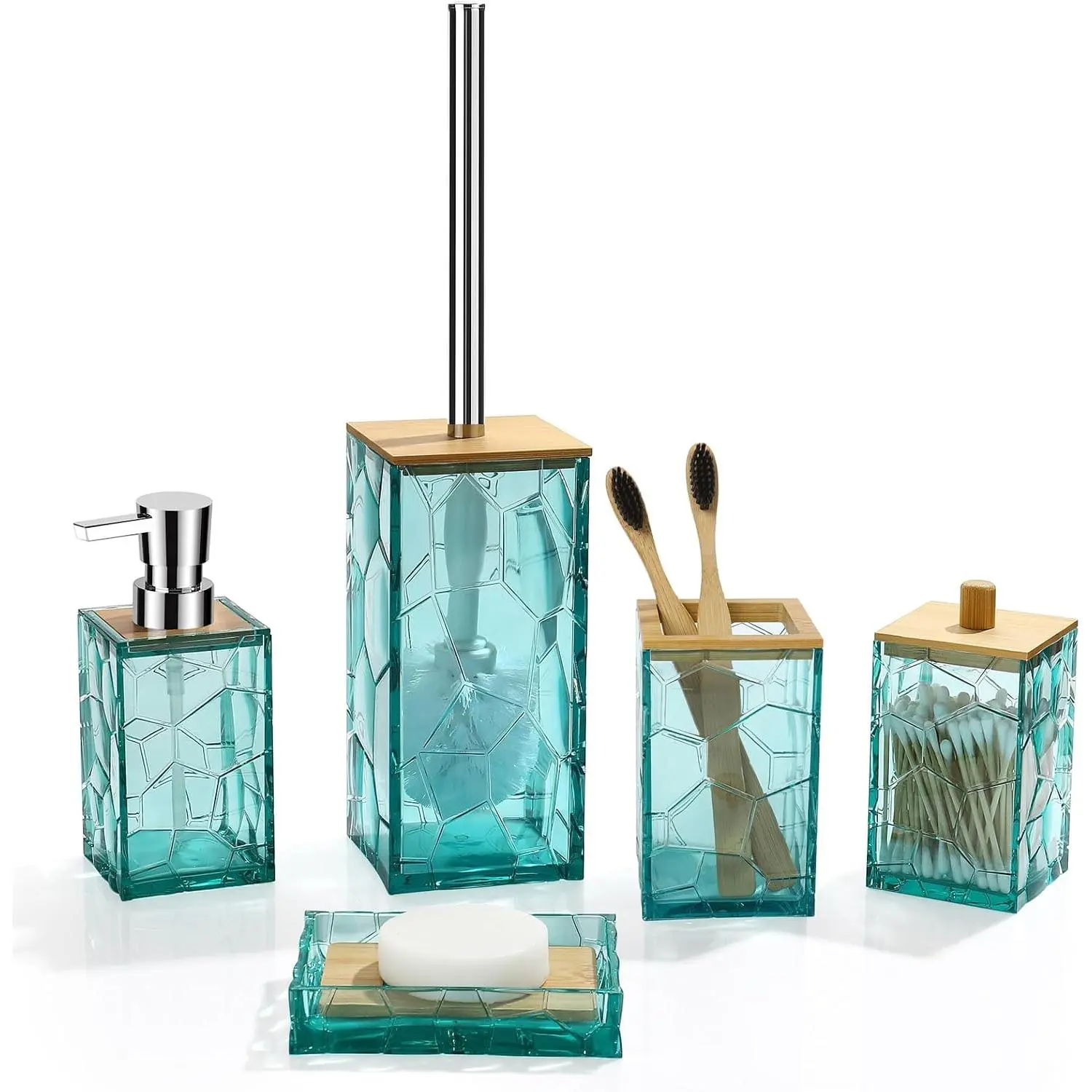 Teal Blue Beach Bathroom Accessories Set, Including Toothbrush Holder, Soap Dispenser, Cotton Swabs Holder, Soap Dish, Toilet Brush with Holder, Boho Bamboo Bathroom Decor, Acrylic (Teal)
