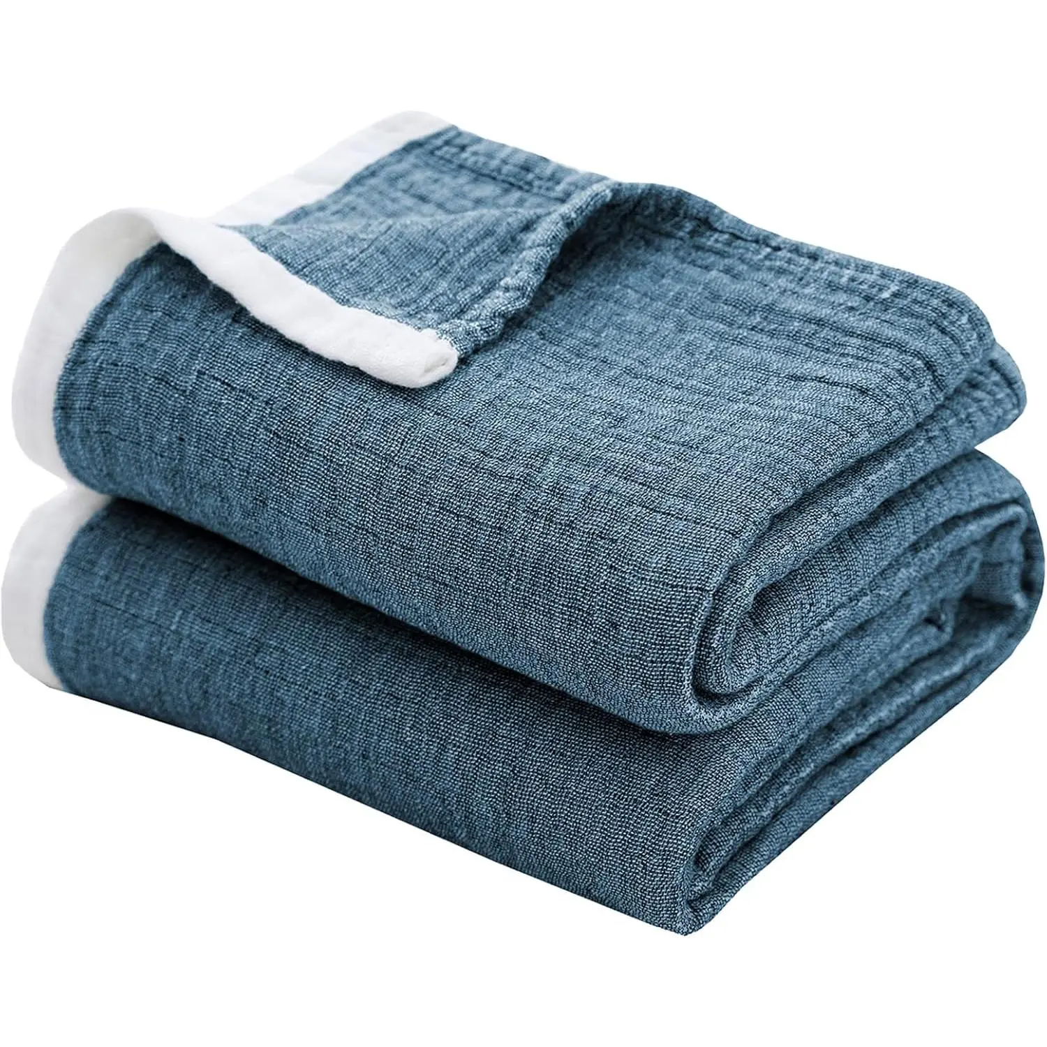 Cotton Muslin Throw Blanket for Adults,Breathable 4-Layer Yarn Dyed Texture Gauze Blanket for Bed Sofa Couch,Soft Light Weight Blanket for All Season50"x60",Vintage Blue
