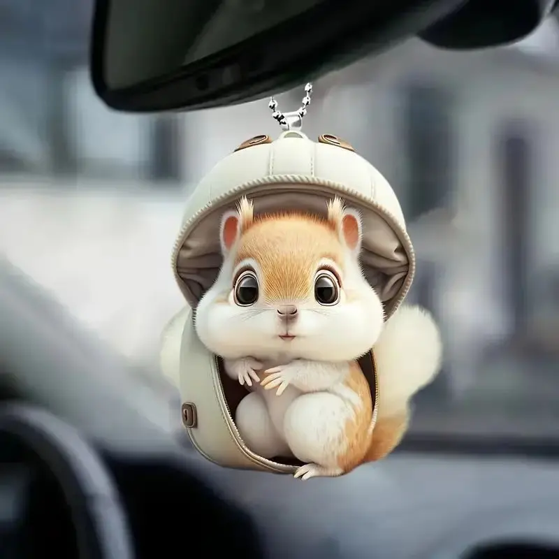 Cute Squirrel Car Hanging Ornament Kawaii 2D Flat Acrylic Animal Pendant Creative Helmet Squirrel Rearview Mirror Charm Auto Interior Accessories