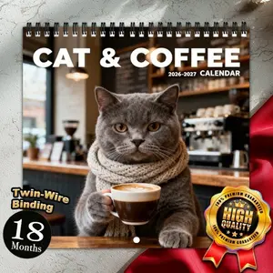 18 months from 2026 to 2027, July 2026 - December 2027, Cat Cafe Themed Wall Calendar, perfect for planning your whole year. This cute and humorous calendar is a great choice for Christmas and New Year gifts, ideal for home or office decoration. ...